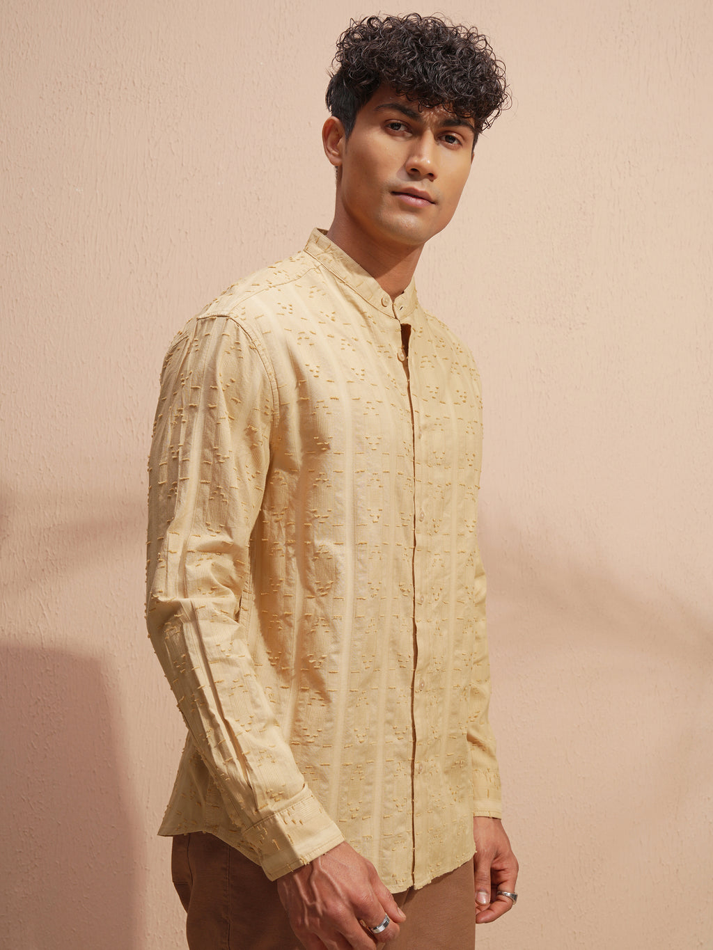 Highlander Men Gold Self Design Relaxed Fit Casual Shirt - Gold - Image 6
