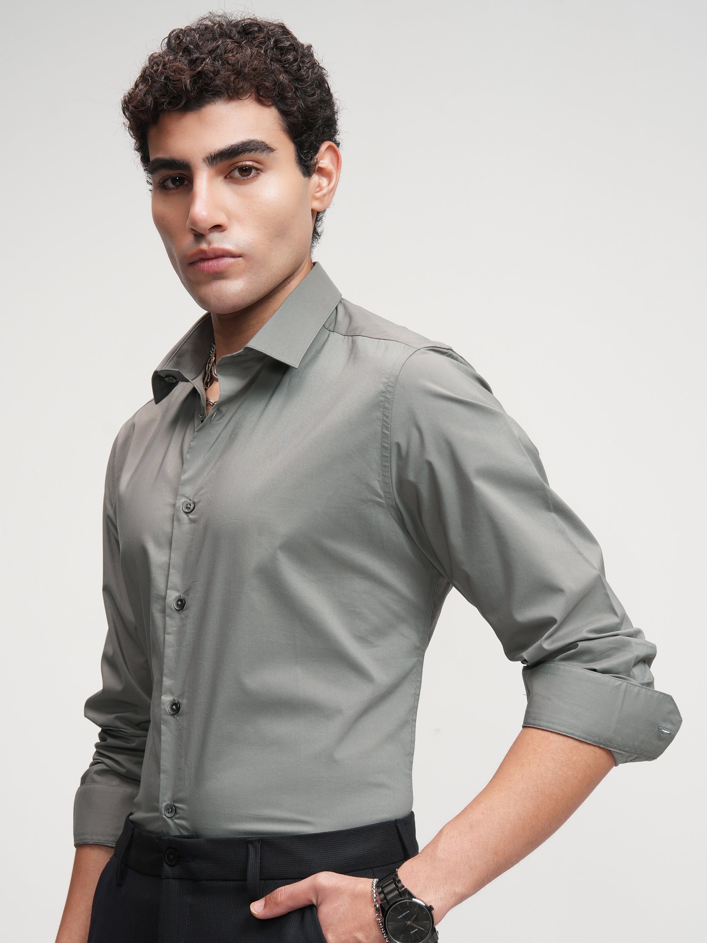 Highlander Men Grey Solid Slim Fit Casual Shirt - Grey - Image 4