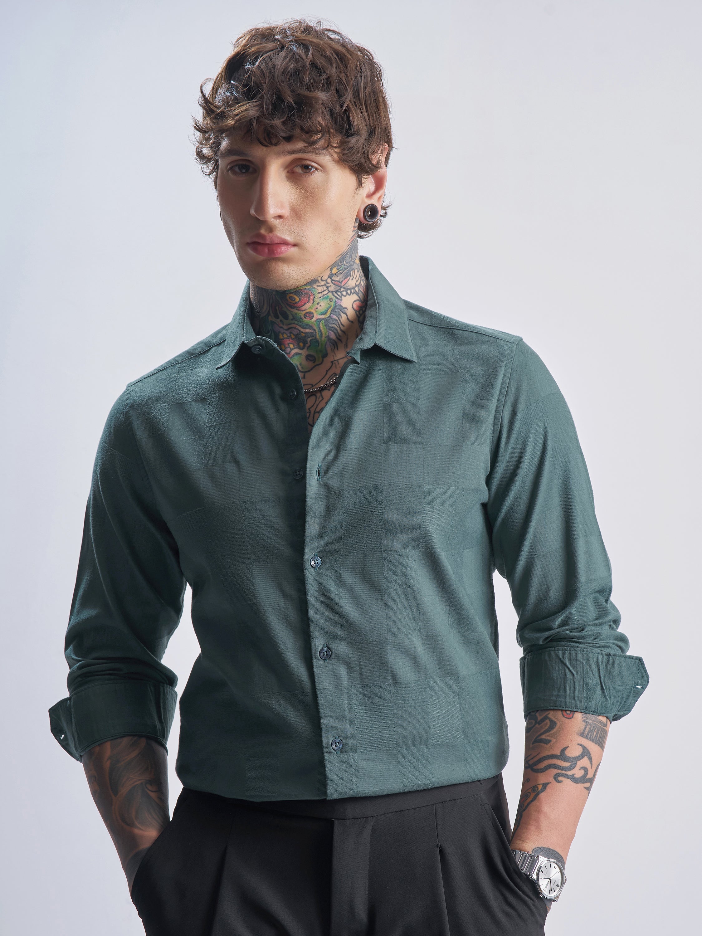 Highlander Men Green Self Design Slim Fit Casual Shirt - Green - Image 1