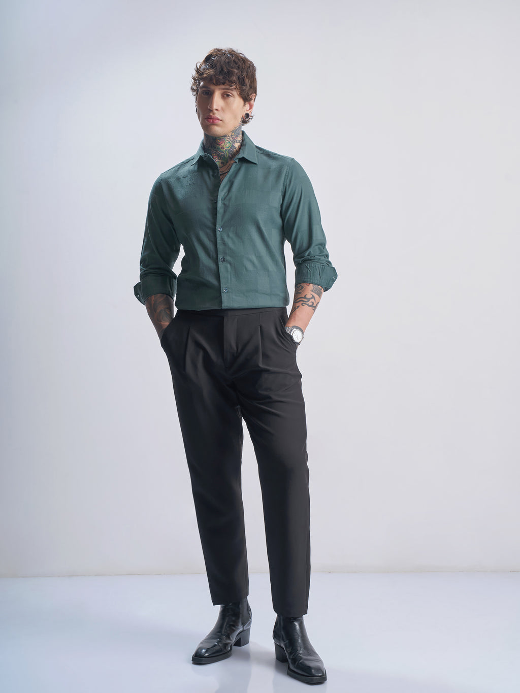 Highlander Men Green Self Design Slim Fit Casual Shirt - Green - Image 2