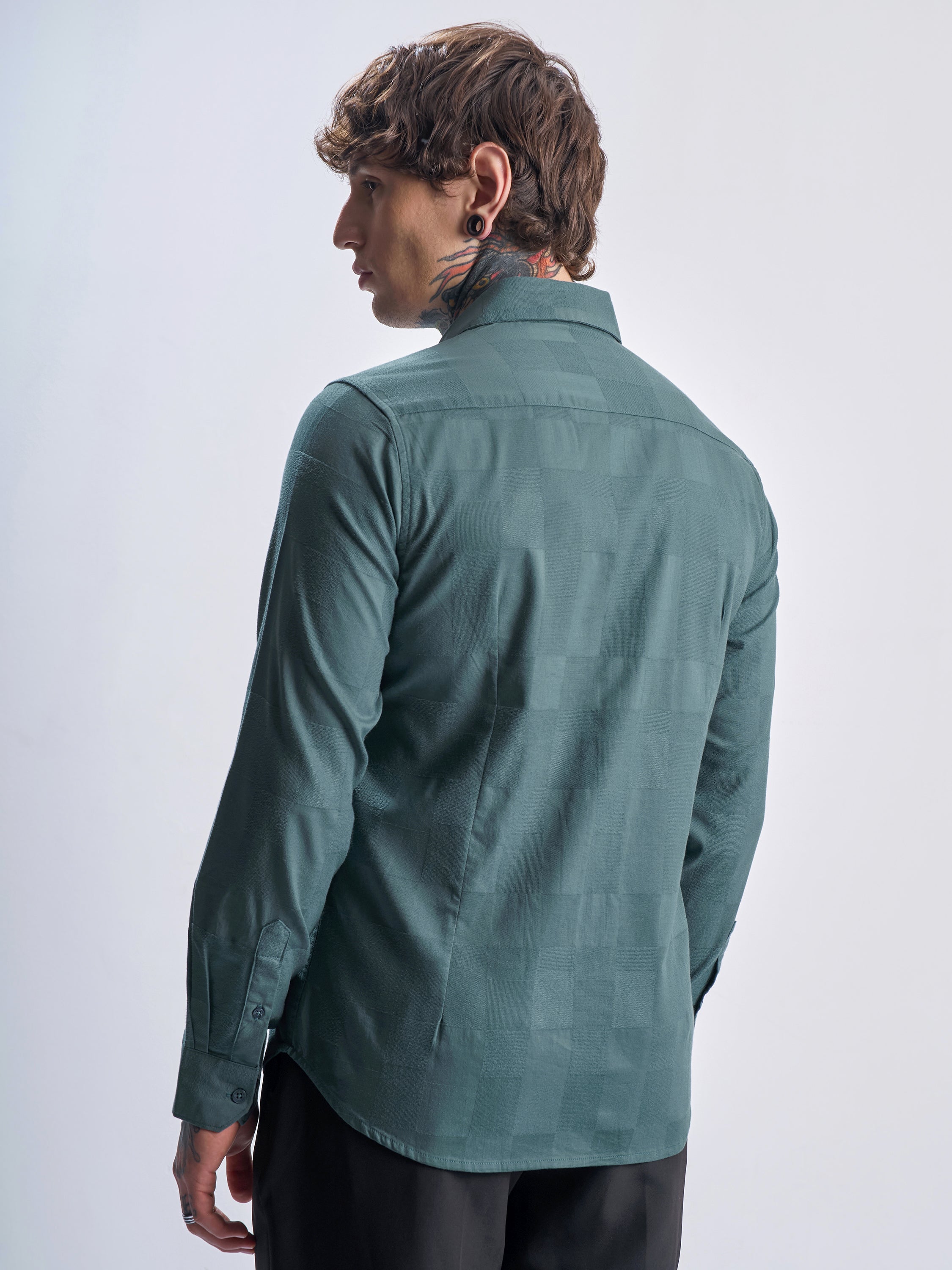 Highlander Men Green Self Design Slim Fit Casual Shirt - Green - Image 3