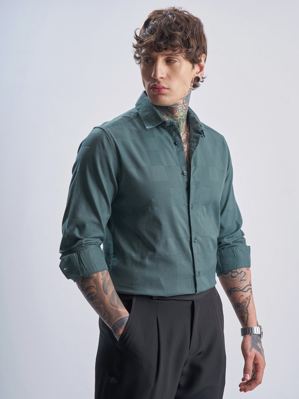 Highlander Men Green Self Design Slim Fit Casual Shirt - Green - Image 6