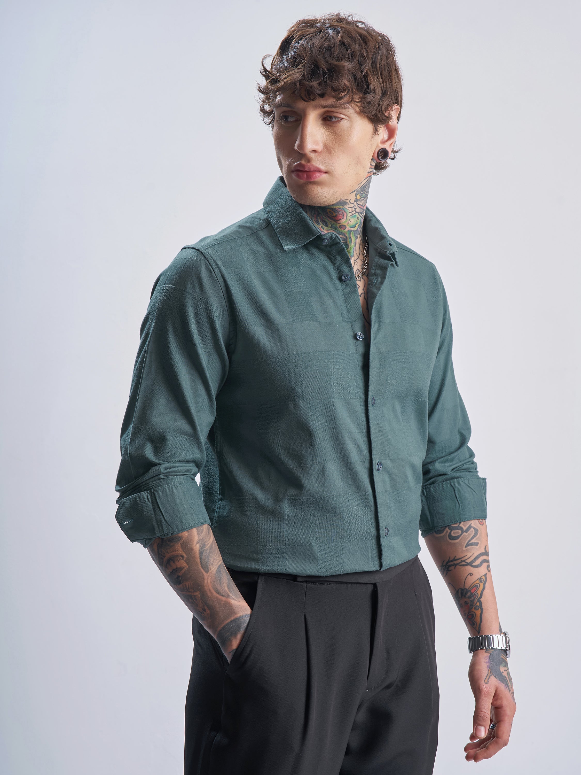 Highlander Men Green Self Design Slim Fit Casual Shirt - Green - Image 6