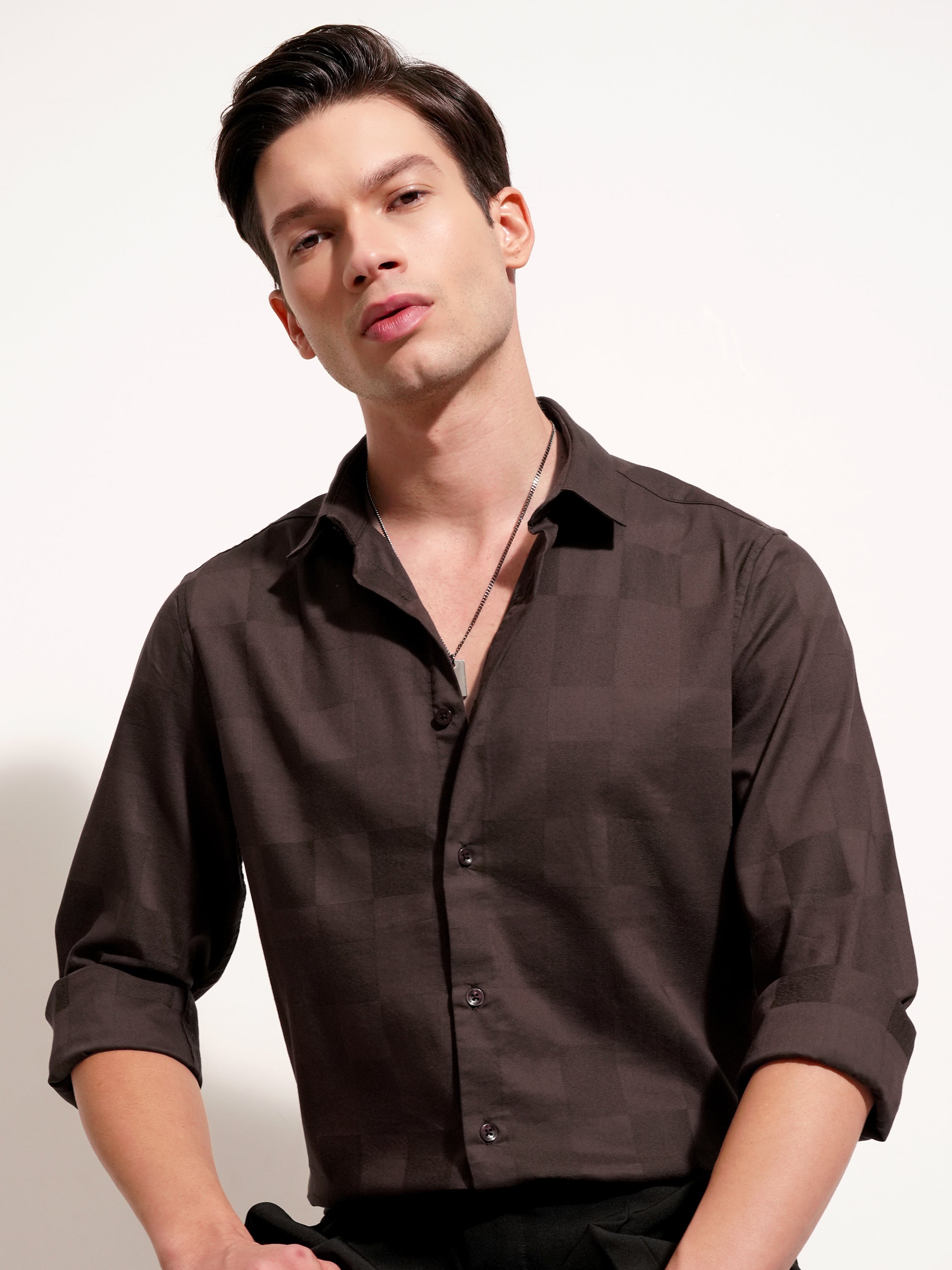 Highlander Men Brown Self Design Slim Fit Casual Shirt - Brown - Image 1