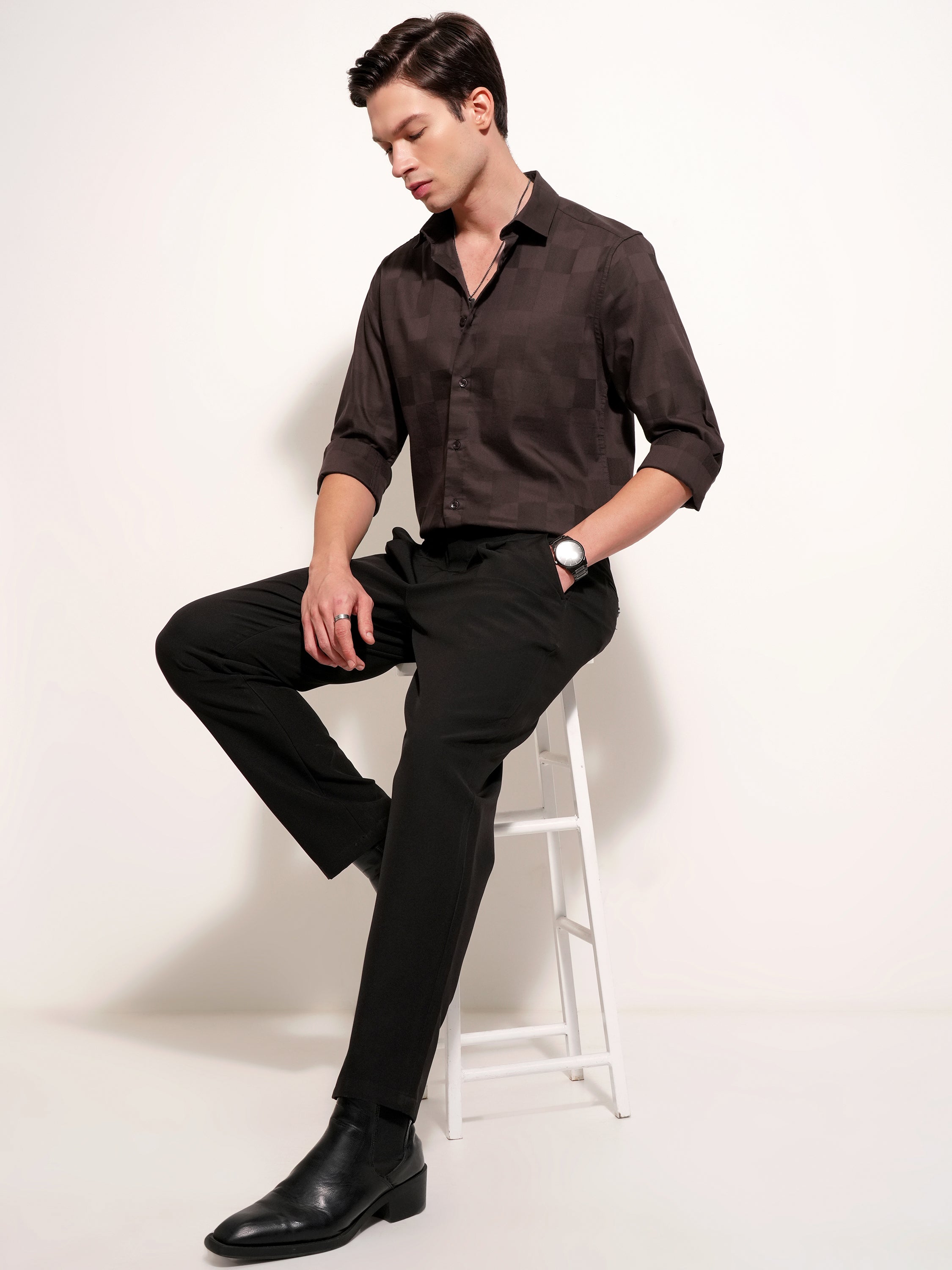 Highlander Men Brown Self Design Slim Fit Casual Shirt - Brown - Image 2