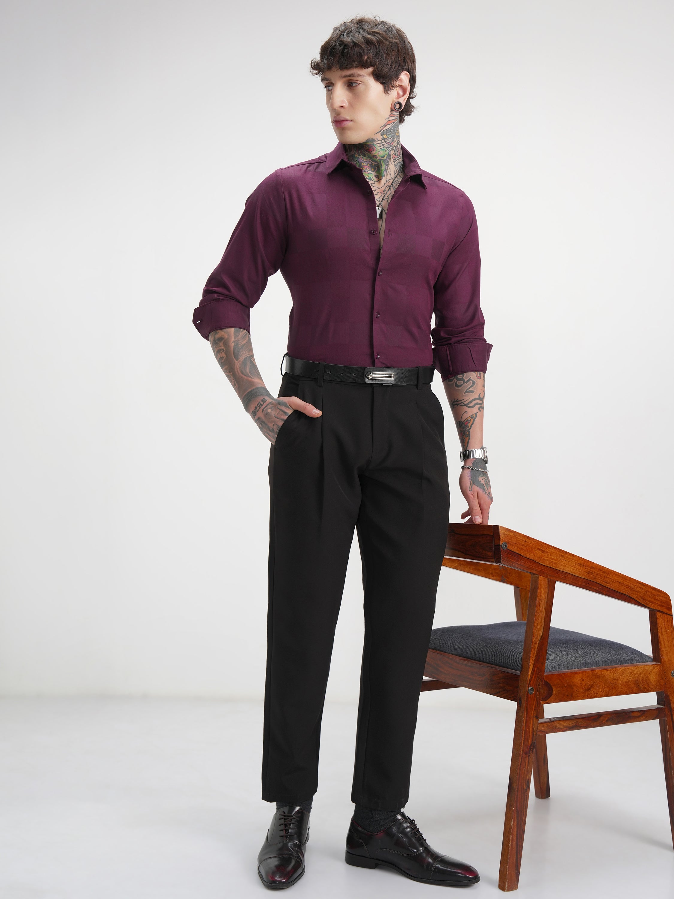 Highlander Men Burgundy Self Design Slim Fit Casual Shirt - Burgundy - Image 2