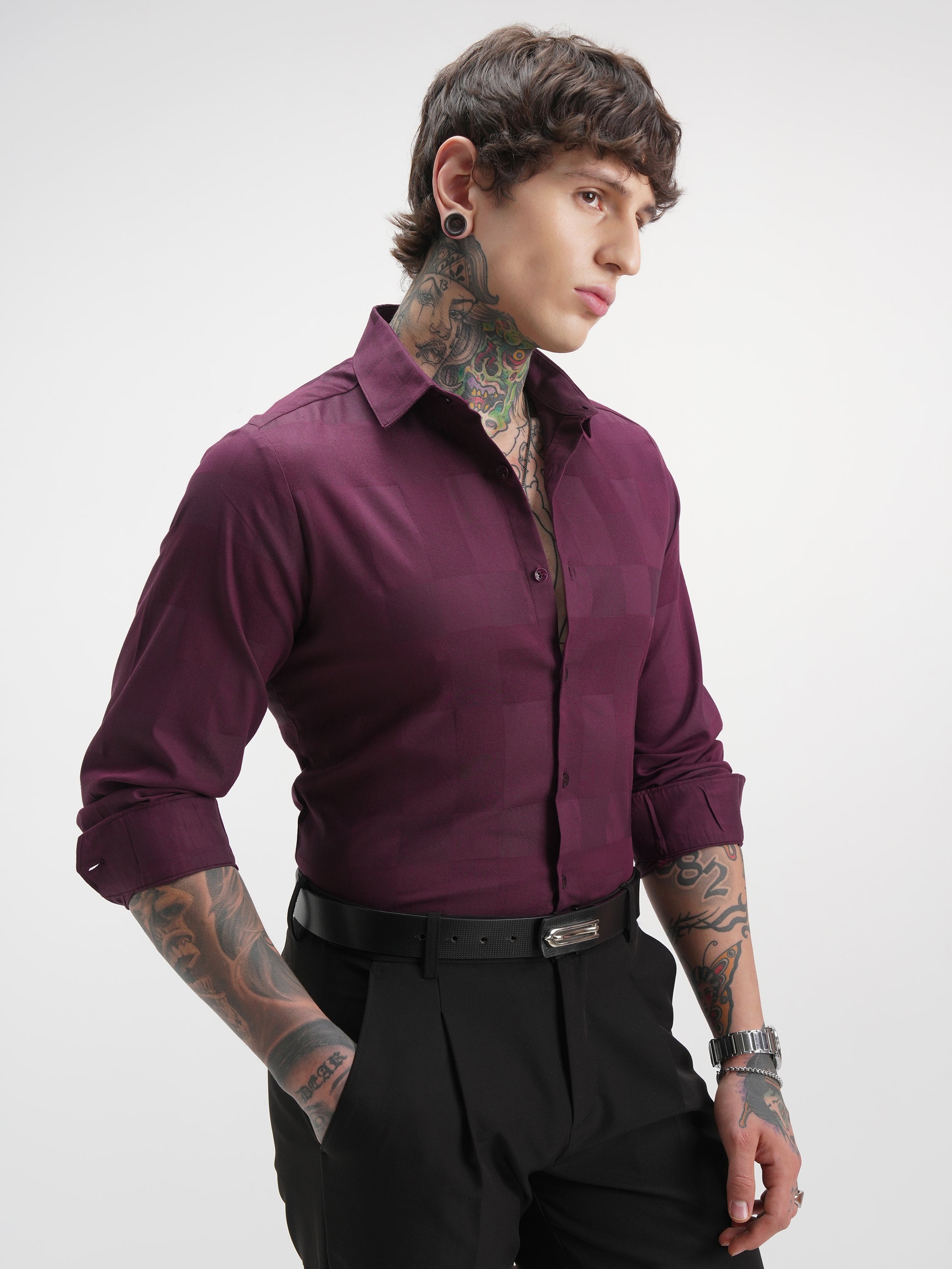 Highlander Men Burgundy Self Design Slim Fit Casual Shirt - Burgundy - Image 6