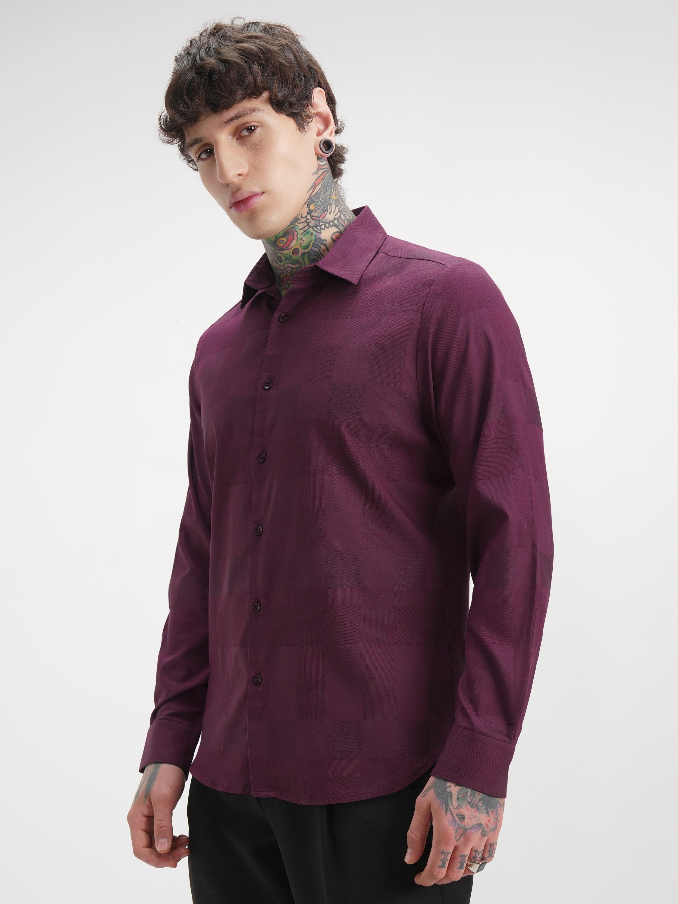 Highlander Men Burgundy Self Design Slim Fit Casual Shirt - Burgundy - Image 4