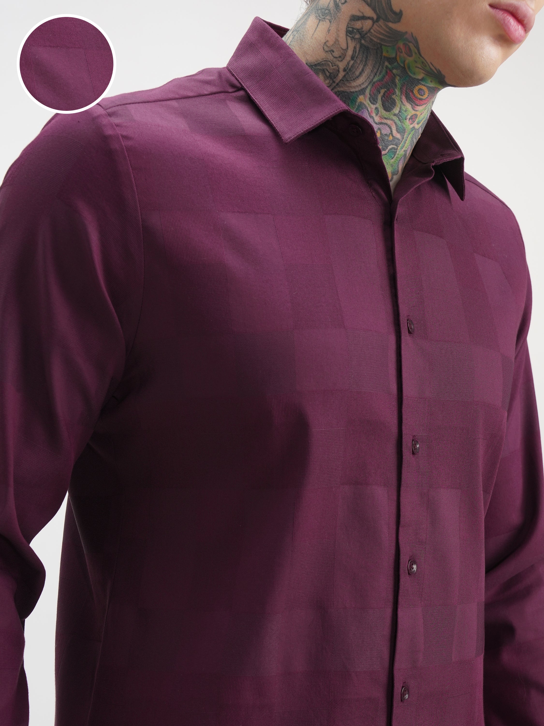 Highlander Men Burgundy Self Design Slim Fit Casual Shirt - Burgundy - Image 5
