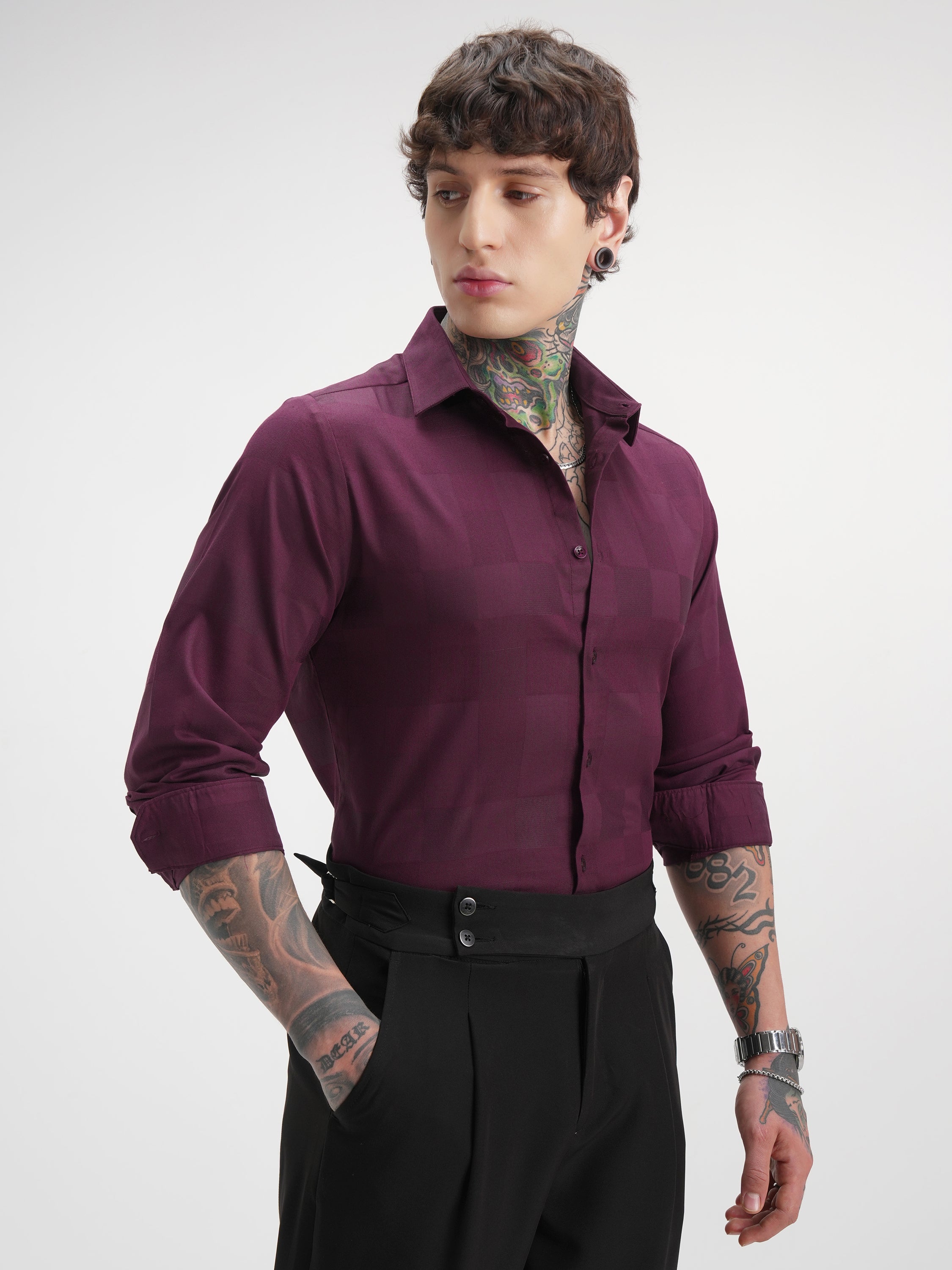 Highlander Men Burgundy Self Design Slim Fit Casual Shirt - Burgundy - Image 6
