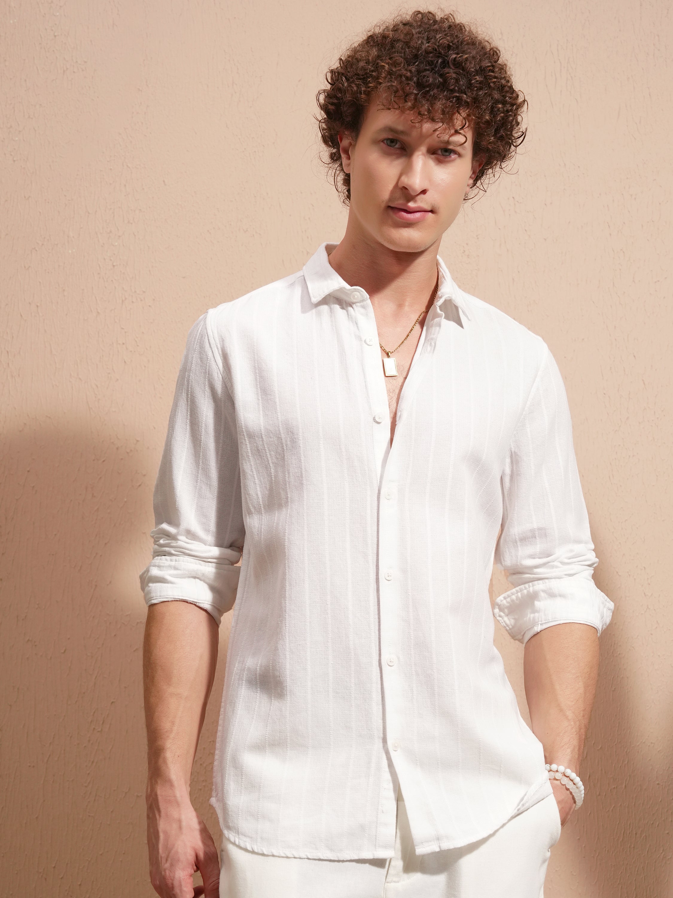 Highlander Men White Striped Slim Fit Casual Shirt - White - Image 4