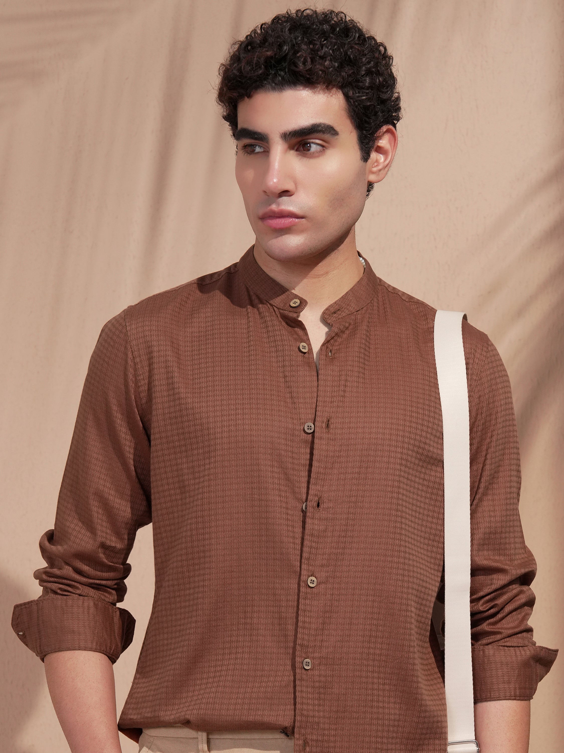 Highlander Men Rust Self Design Slim Fit Casual Shirt - Rust - Image 1