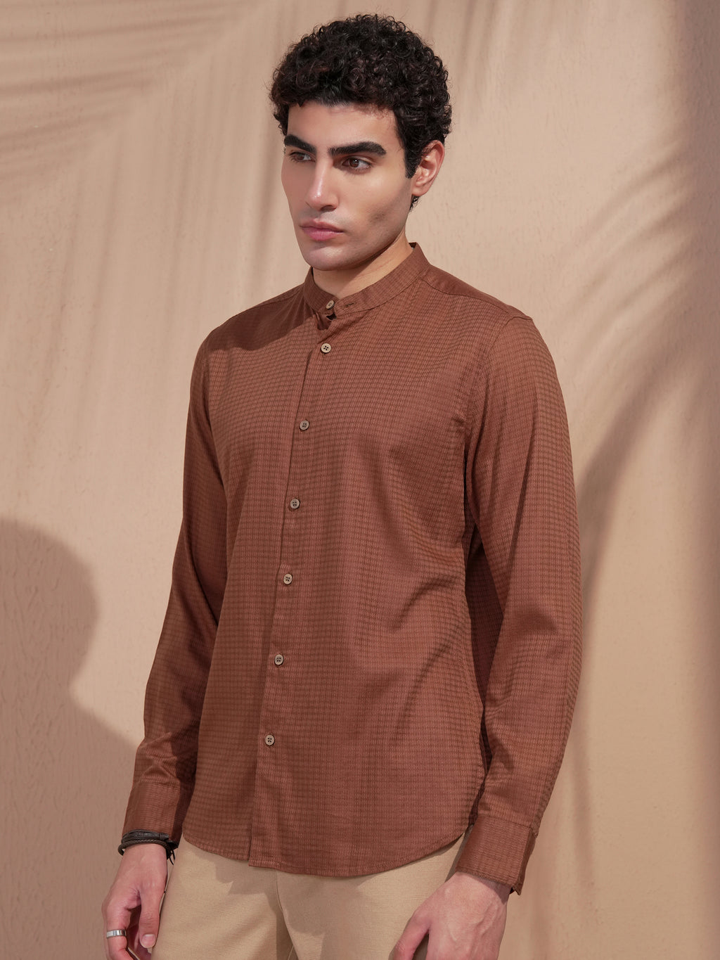 Highlander Men Rust Self Design Slim Fit Casual Shirt - Rust - Image 4