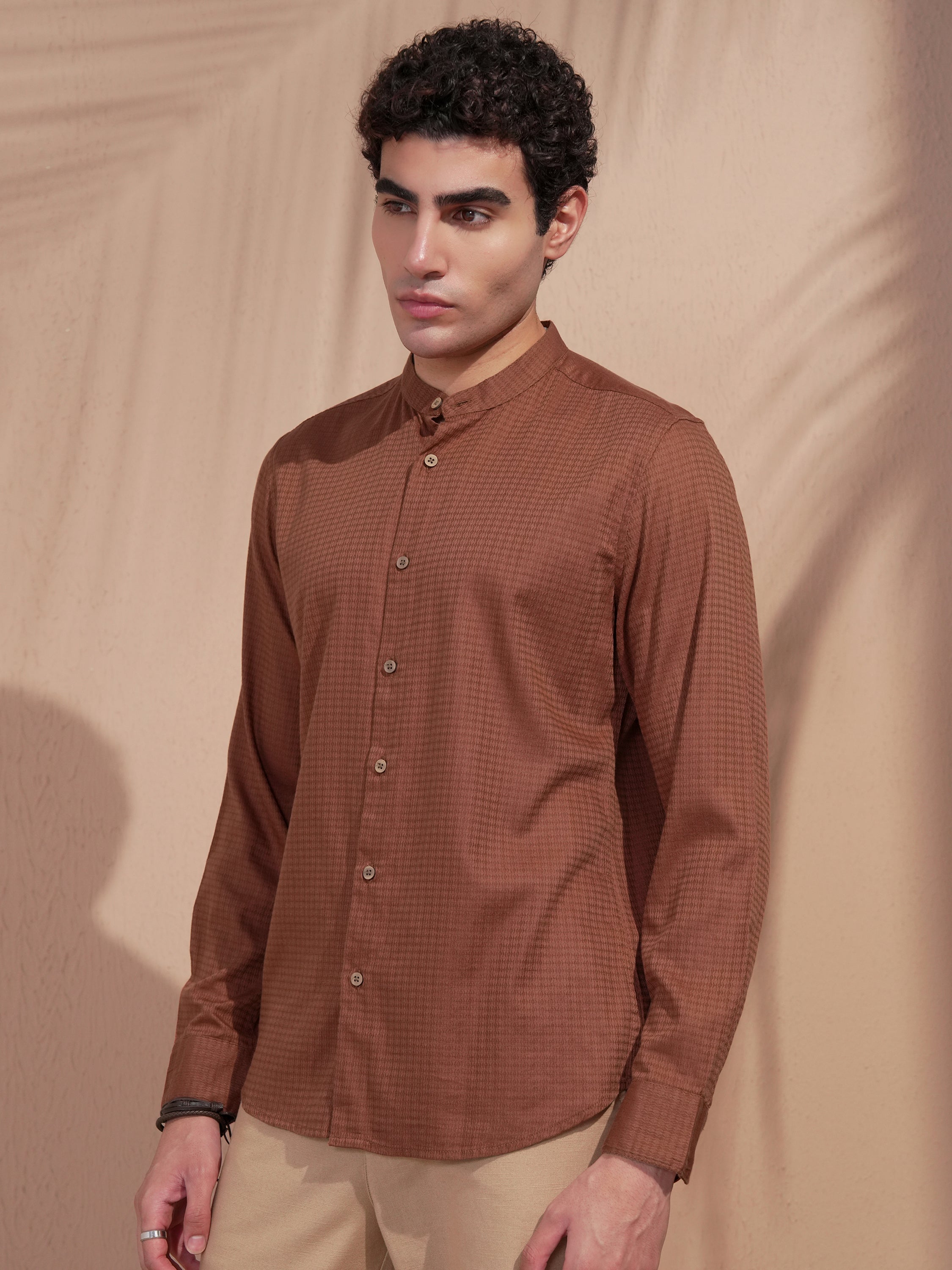 Highlander Men Rust Self Design Slim Fit Casual Shirt - Rust - Image 4