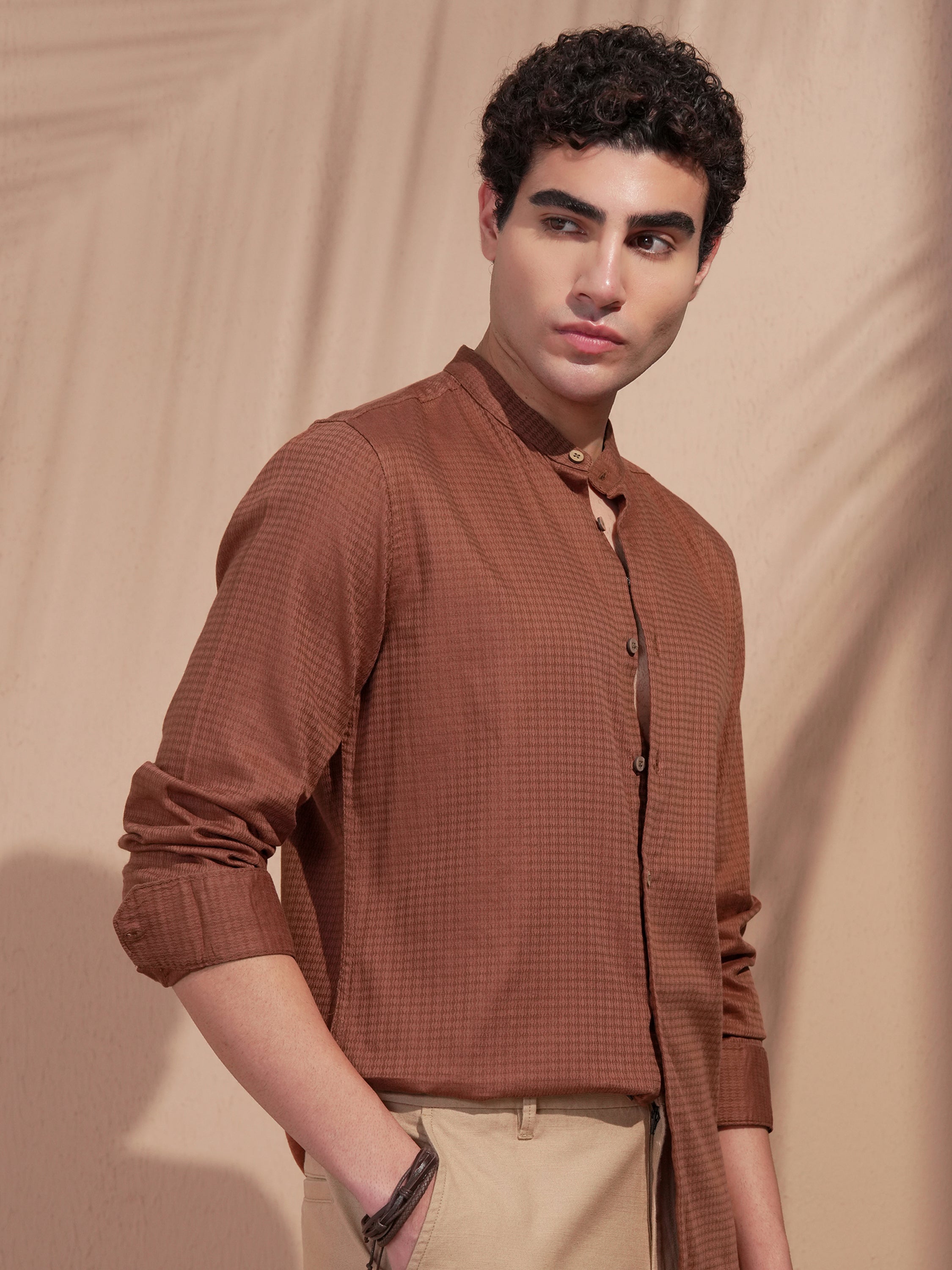 Highlander Men Rust Self Design Slim Fit Casual Shirt - Rust - Image 6