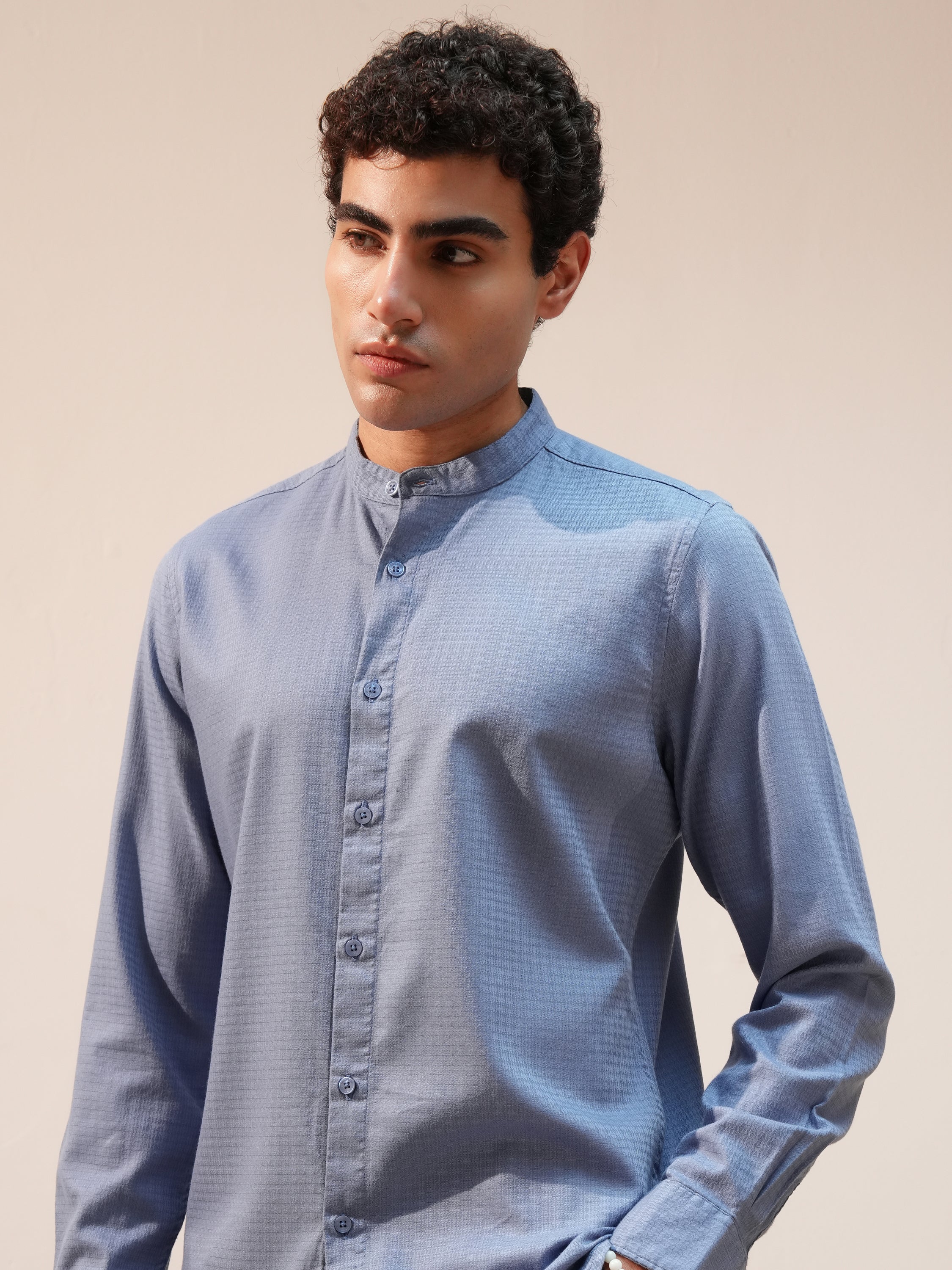 Highlander Men Blue Self Design Slim Fit Casual Shirt - Blue - Image 1