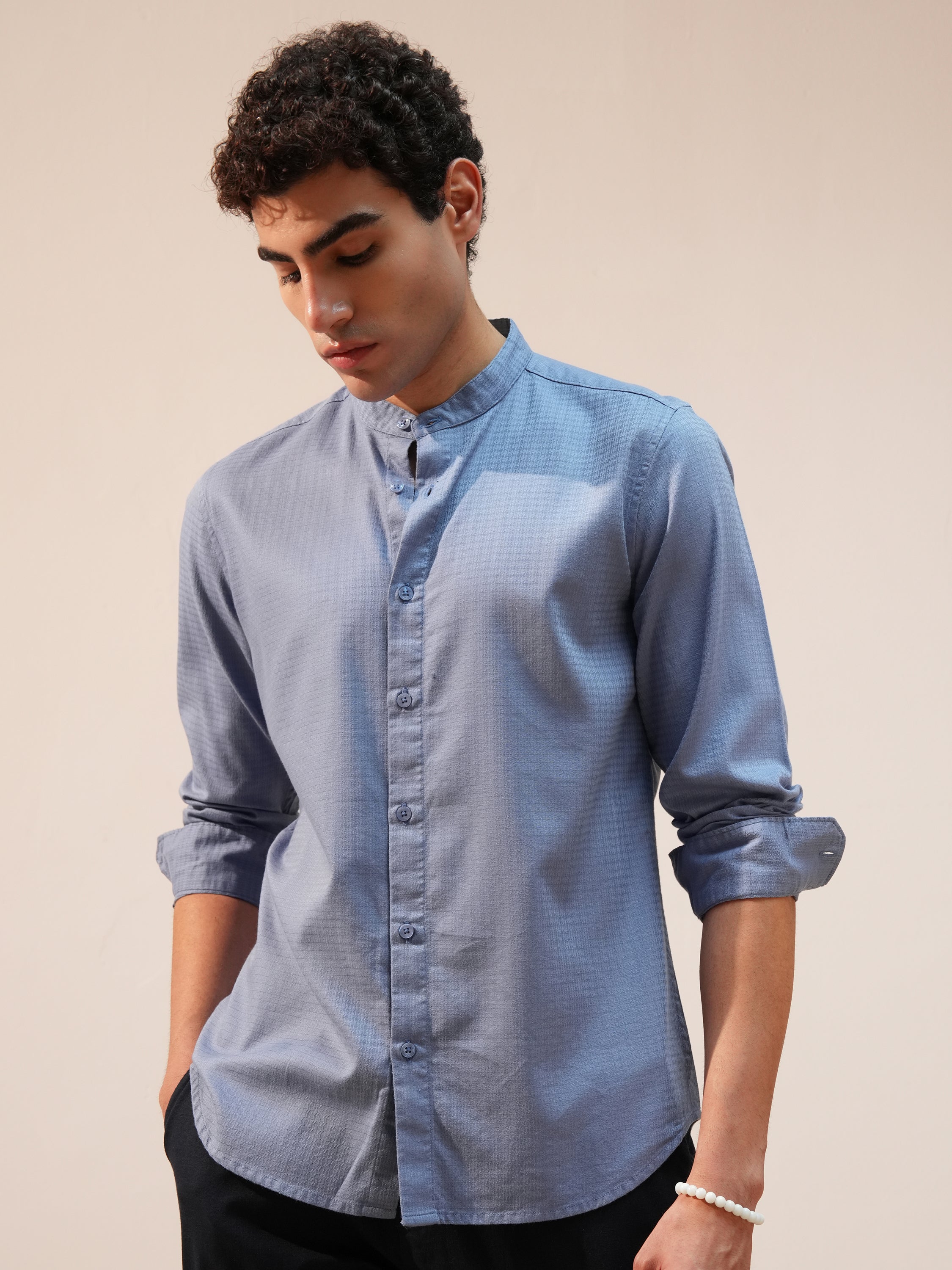 Highlander Men Blue Self Design Slim Fit Casual Shirt - Blue - Image 4