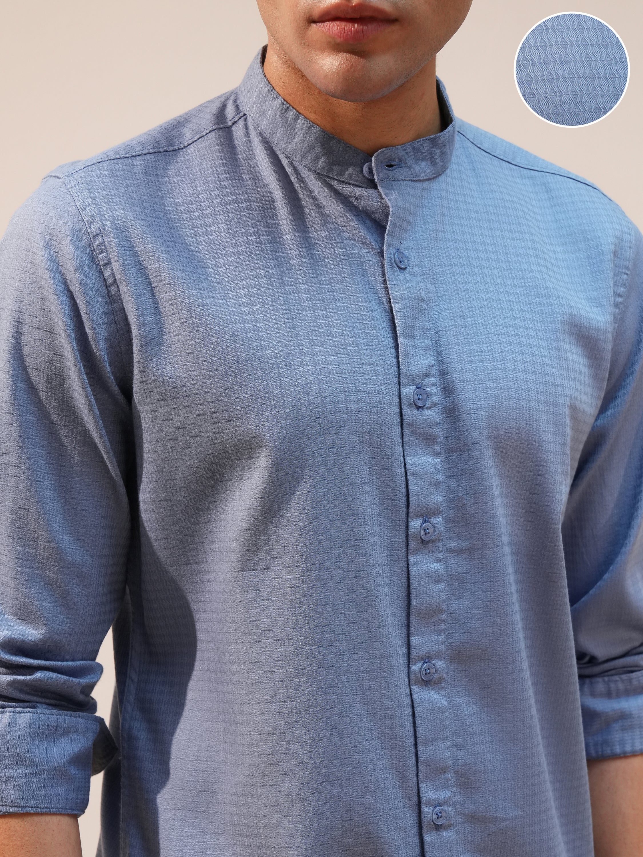 Highlander Men Blue Self Design Slim Fit Casual Shirt - Blue - Image 5