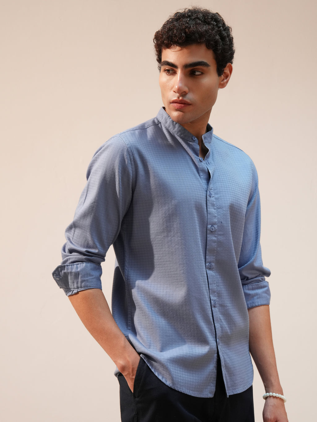 Highlander Men Blue Self Design Slim Fit Casual Shirt - Blue - Image 6