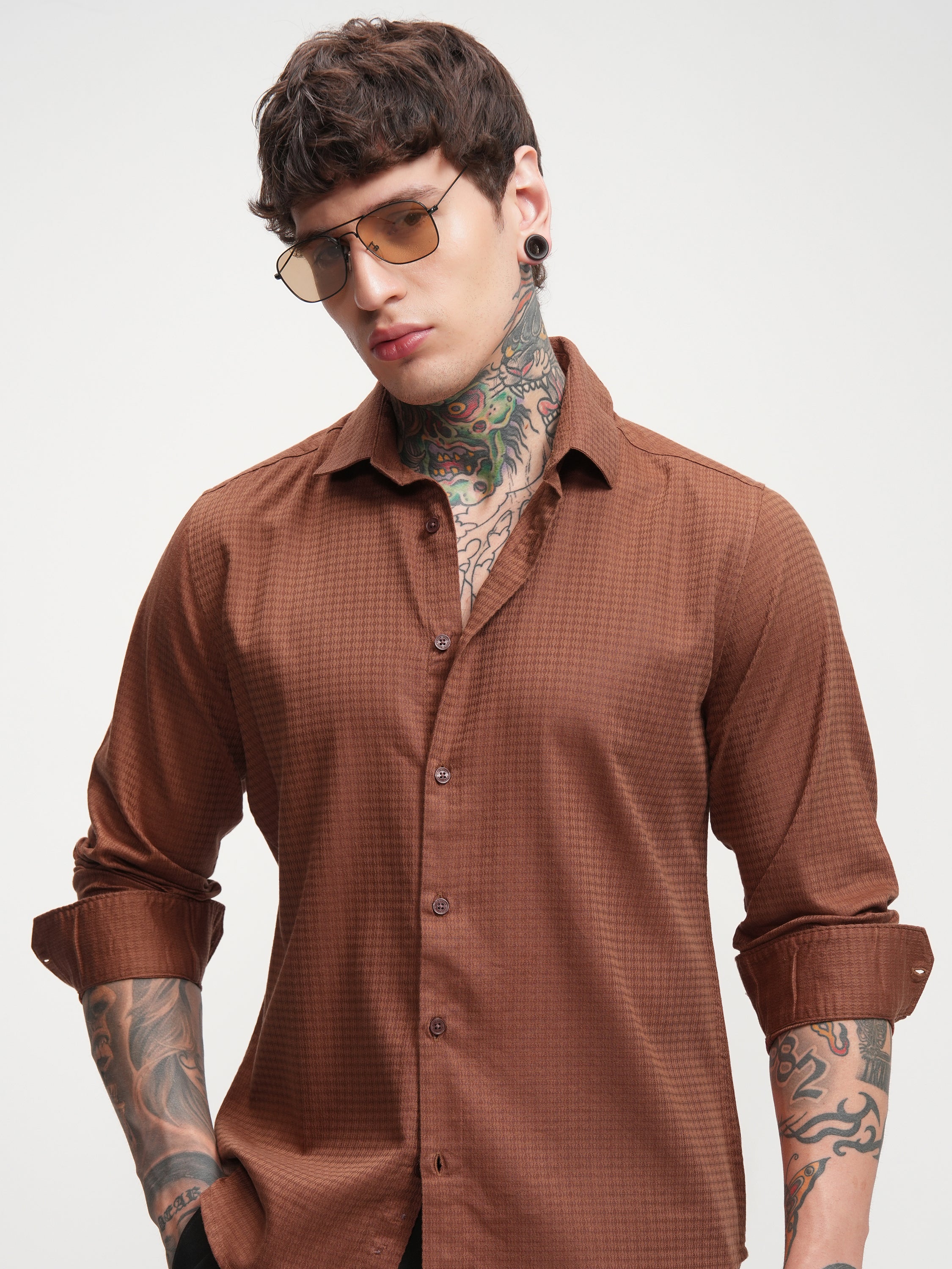 Highlander Men Rust Self Design Slim Fit Casual Shirt - Rust - Image 1
