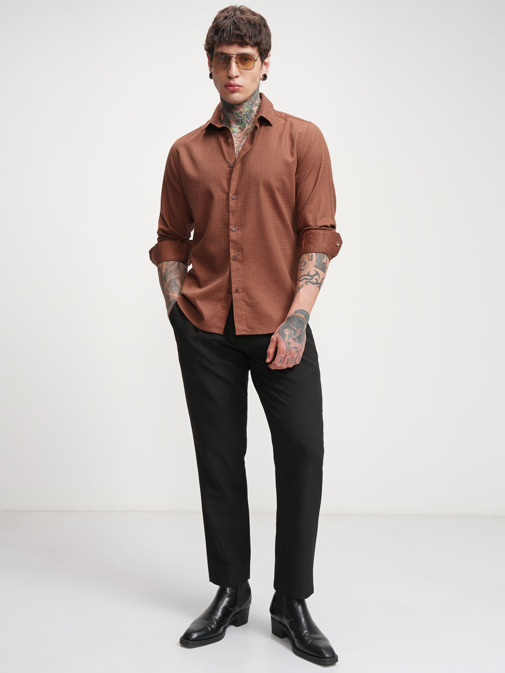 Highlander Men Rust Self Design Slim Fit Casual Shirt - Rust - Image 2
