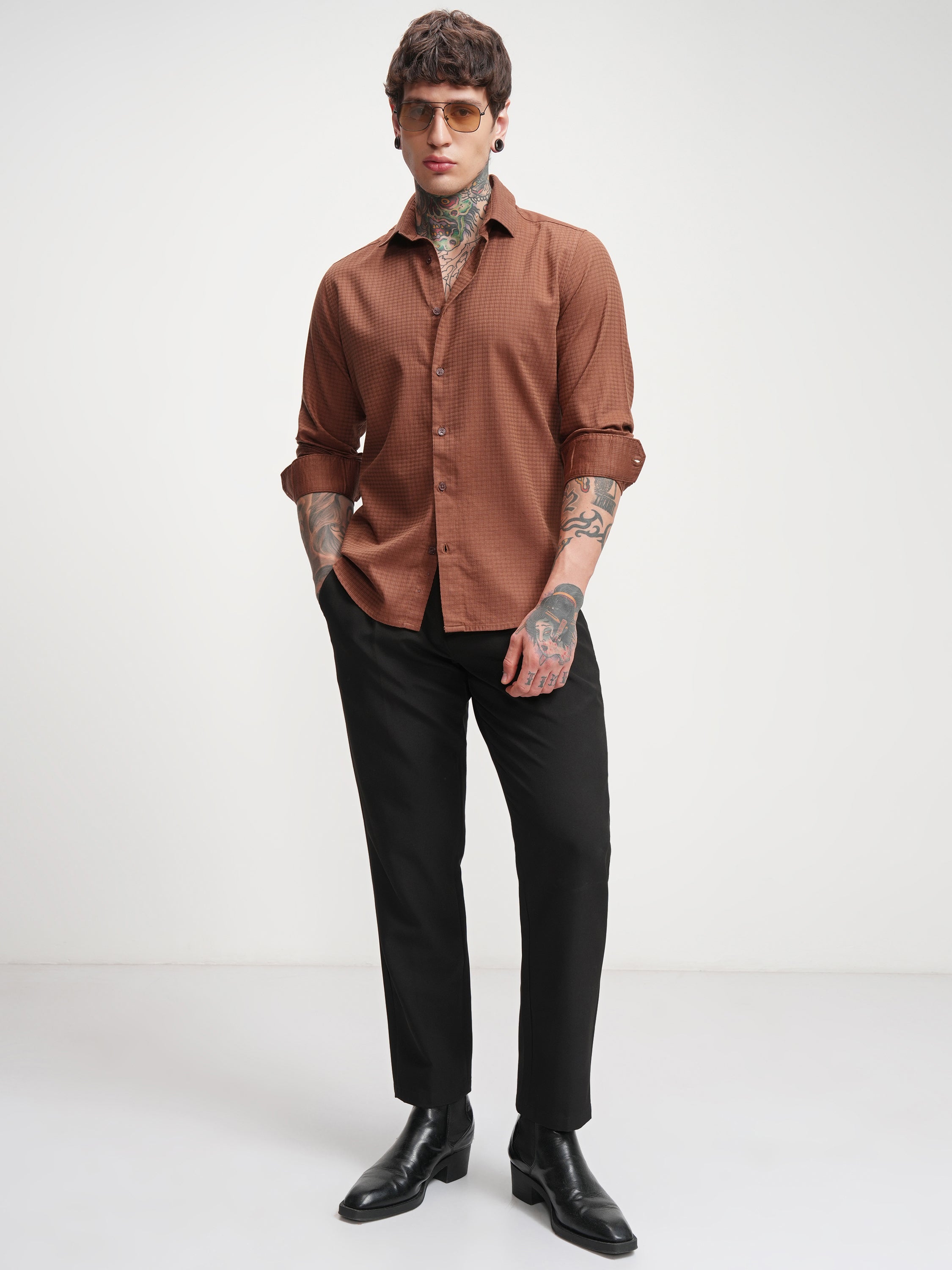 Highlander Men Rust Self Design Slim Fit Casual Shirt - Rust - Image 2