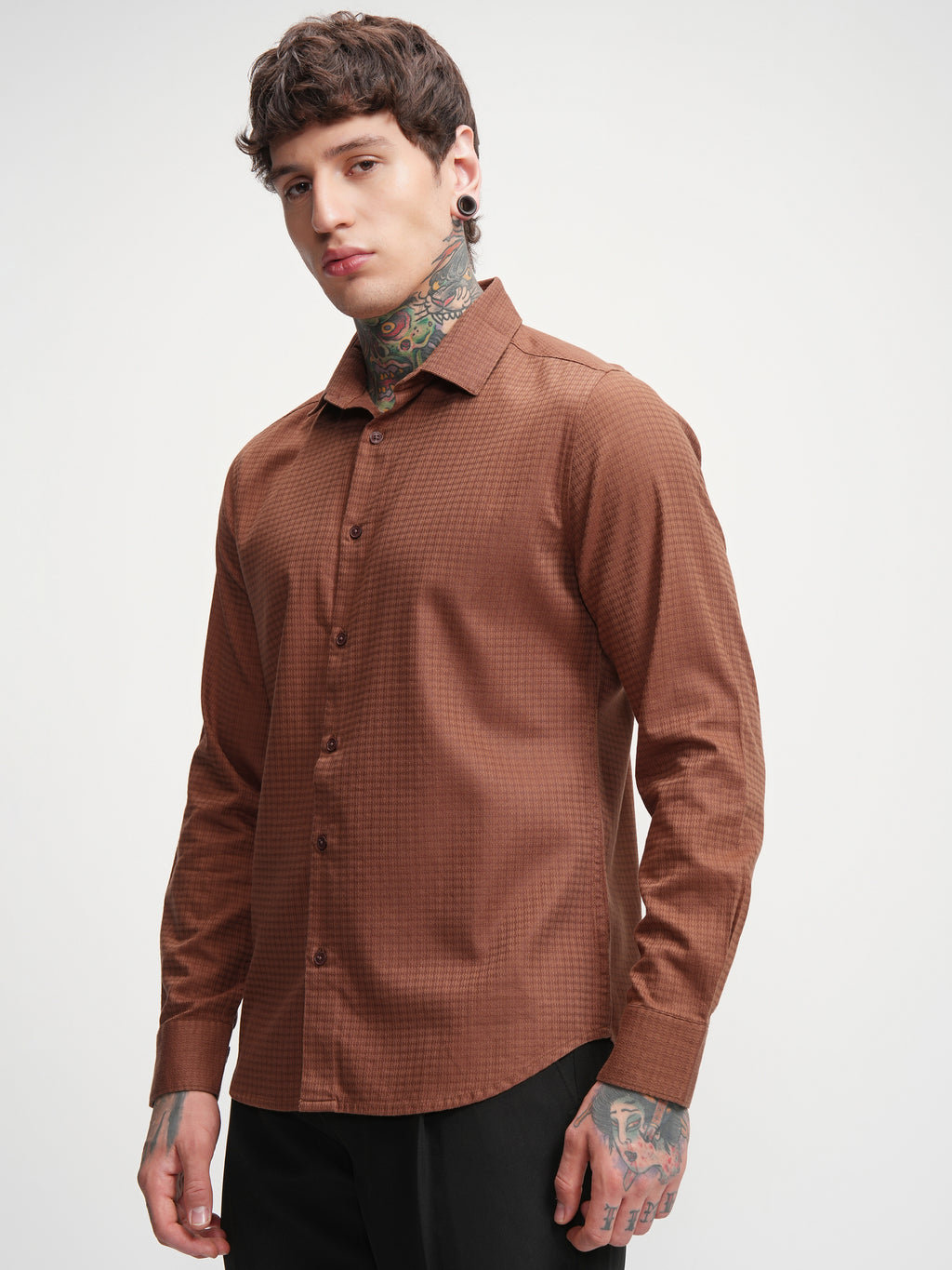 Highlander Men Rust Self Design Slim Fit Casual Shirt - Rust - Image 4