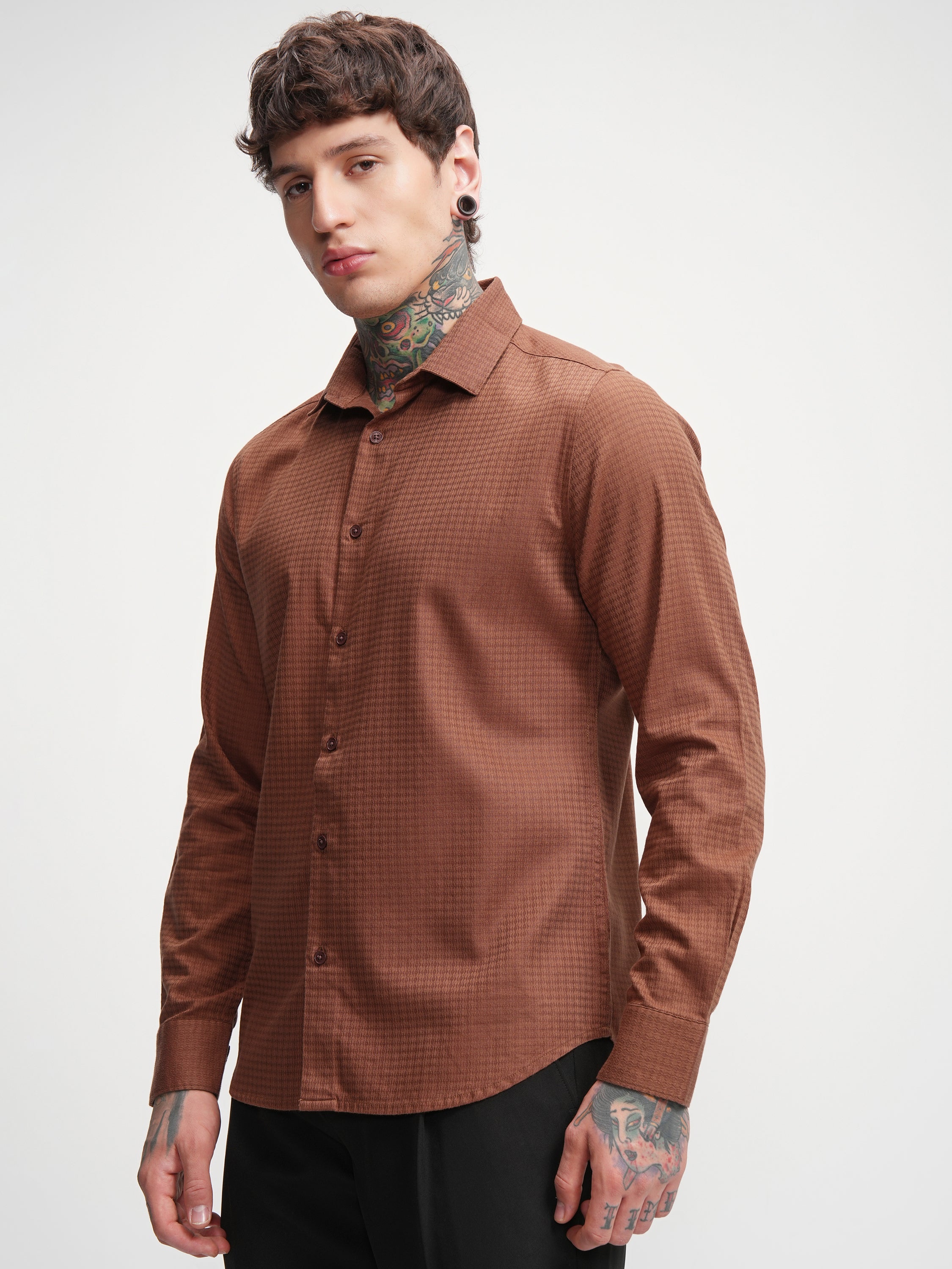 Highlander Men Rust Self Design Slim Fit Casual Shirt - Rust - Image 4