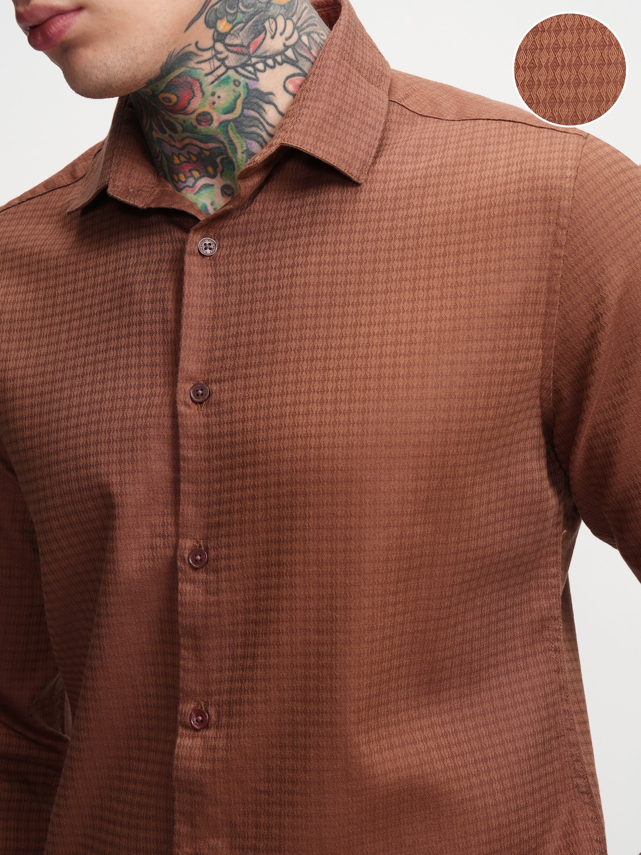 Highlander Men Rust Self Design Slim Fit Casual Shirt - Rust - Image 5