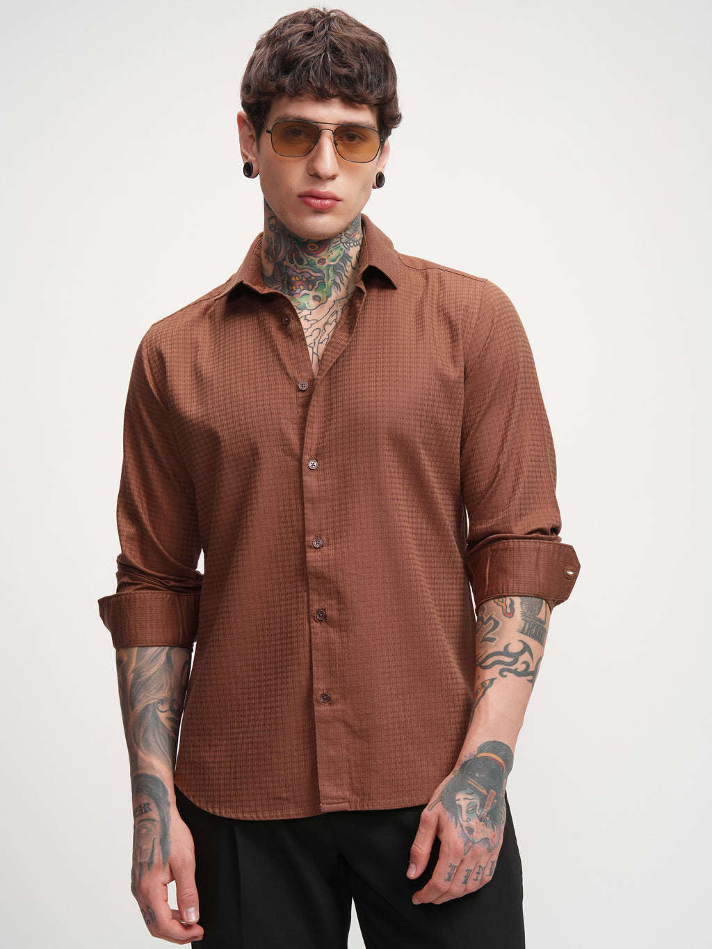 Highlander Men Rust Self Design Slim Fit Casual Shirt - Rust - Image 6