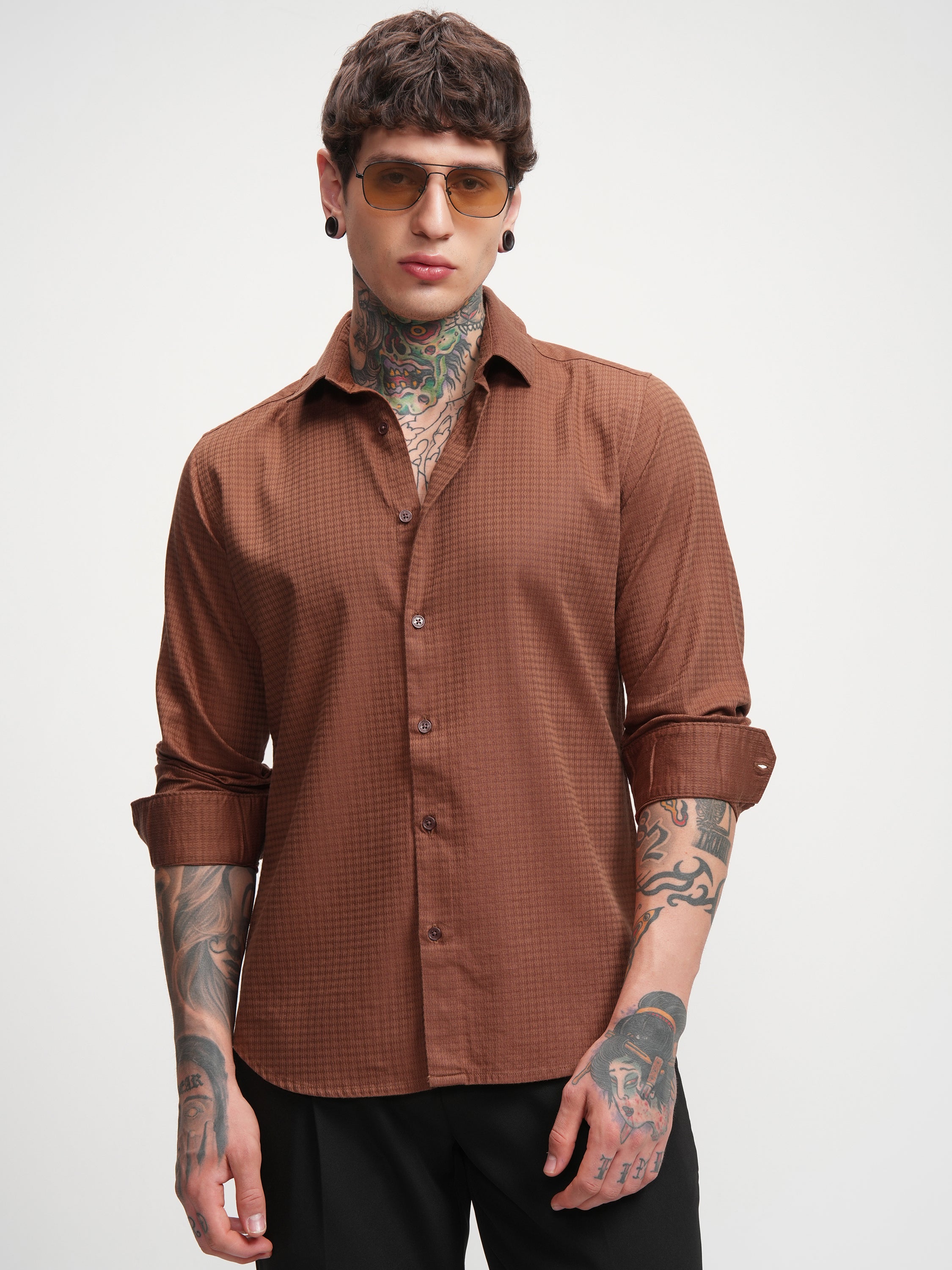 Highlander Men Rust Self Design Slim Fit Casual Shirt - Rust - Image 6