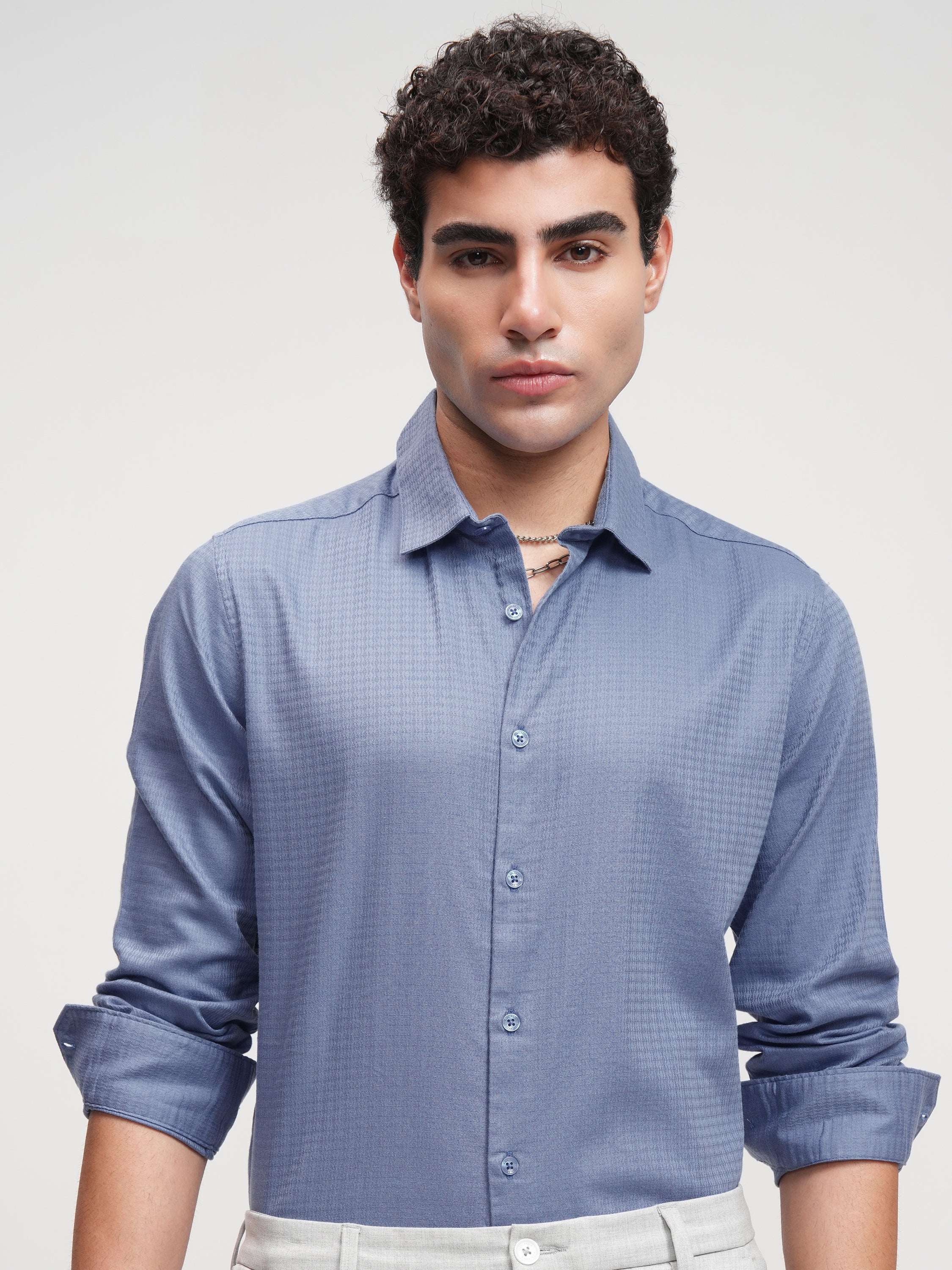 Highlander Men Blue Self Design Slim Fit Casual Shirt - Blue - Image 1