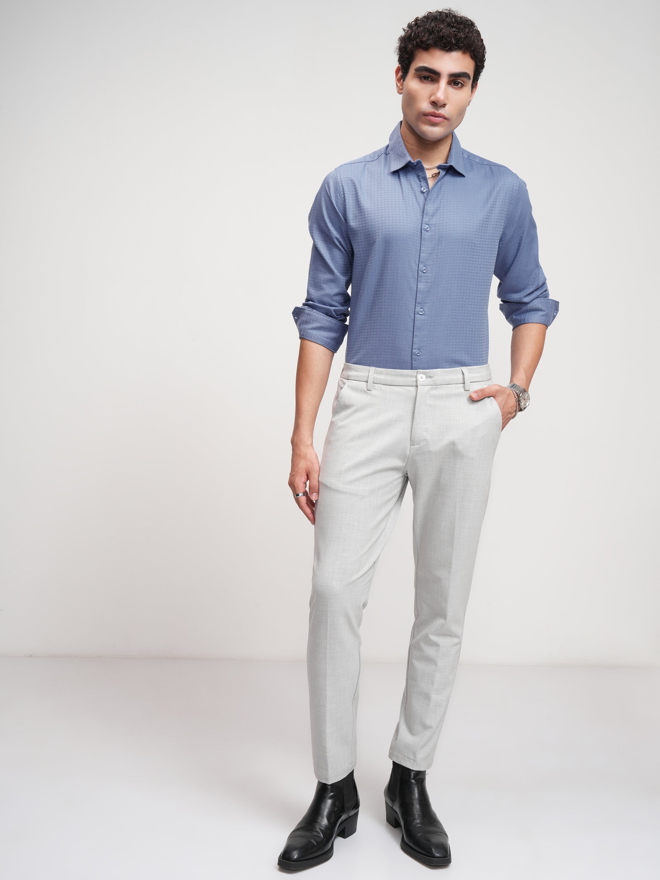 Highlander Men Blue Self Design Slim Fit Casual Shirt - Blue - Image 2