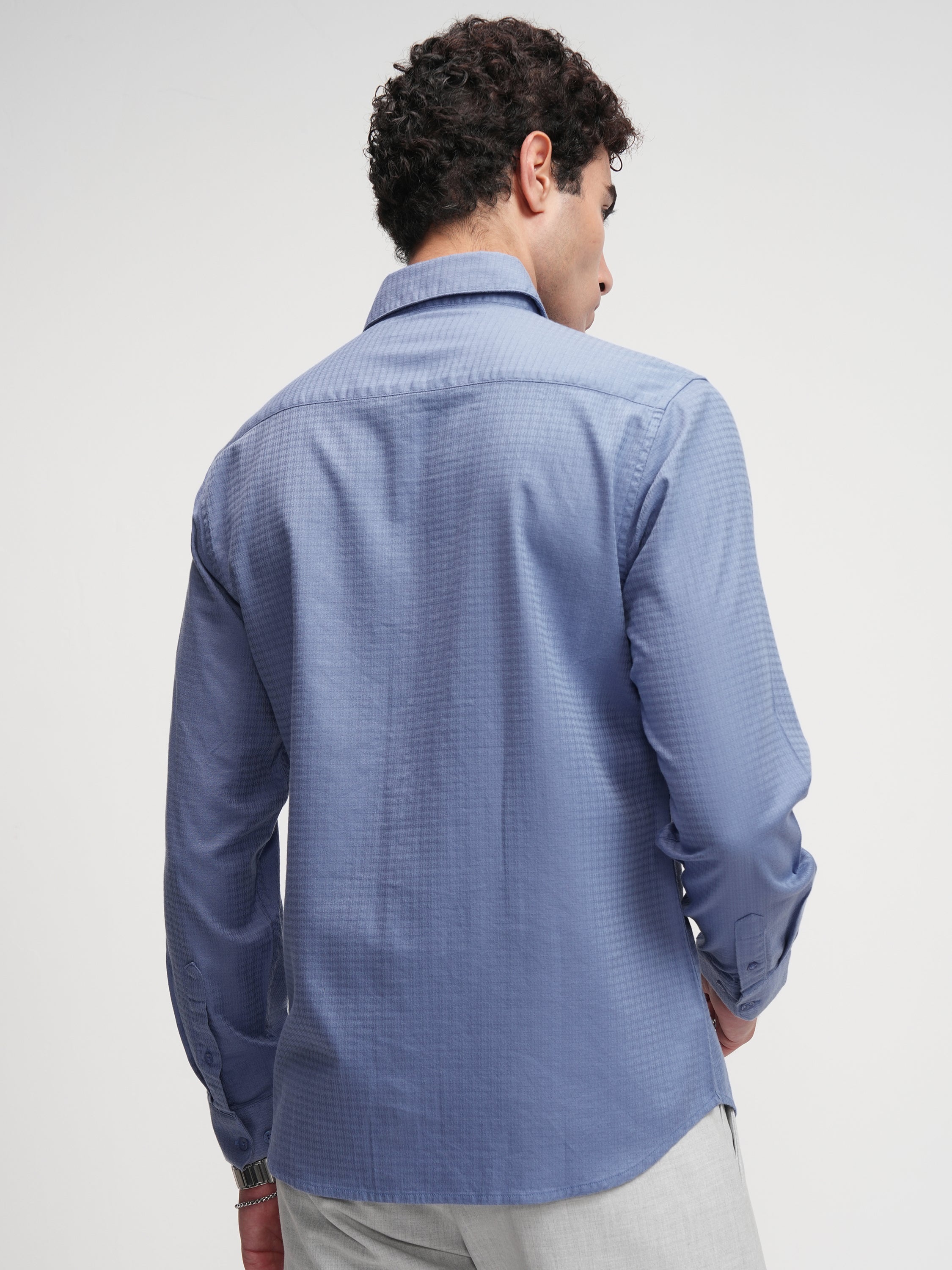Highlander Men Blue Self Design Slim Fit Casual Shirt - Blue - Image 3