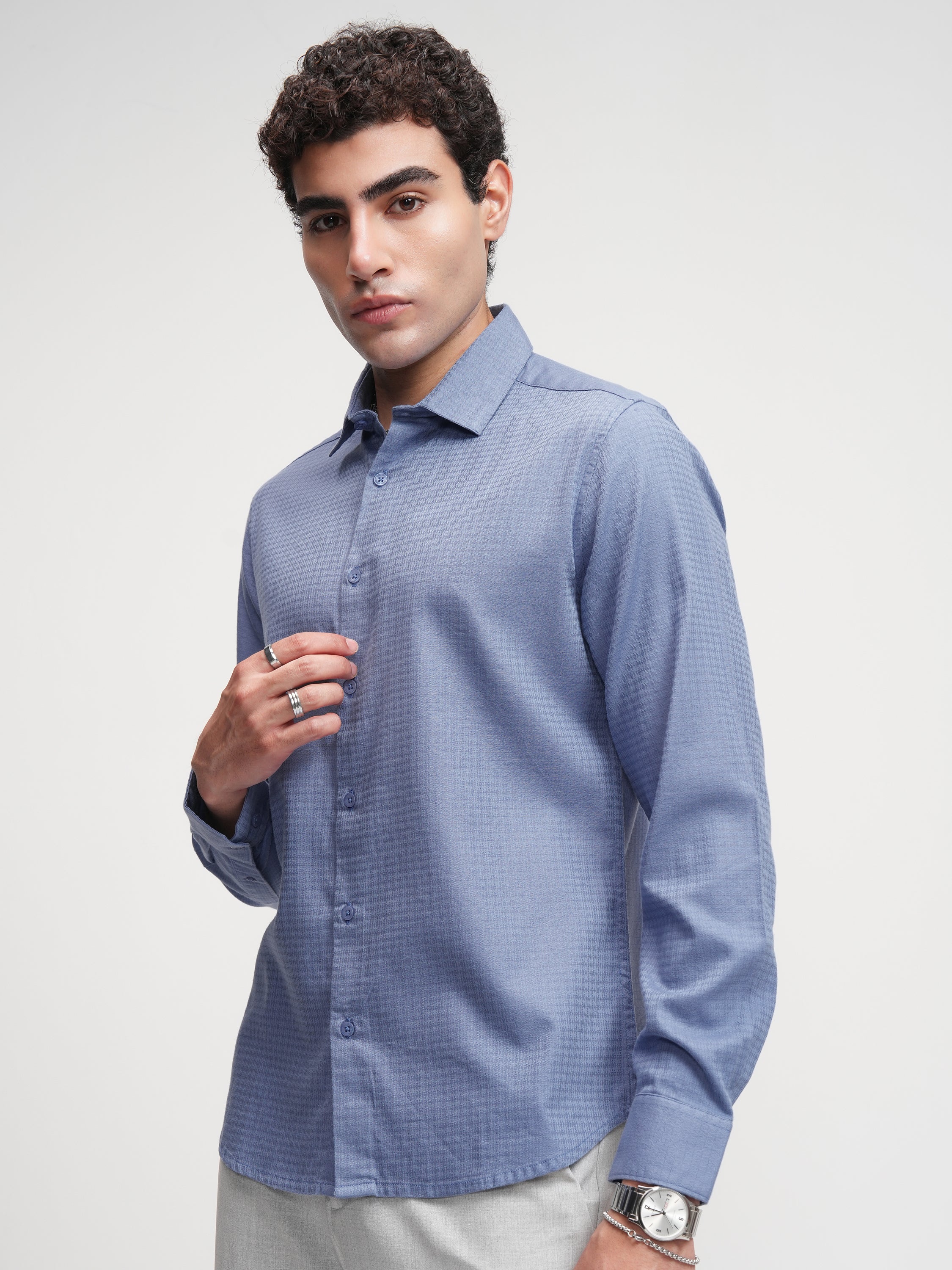 Highlander Men Blue Self Design Slim Fit Casual Shirt - Blue - Image 4