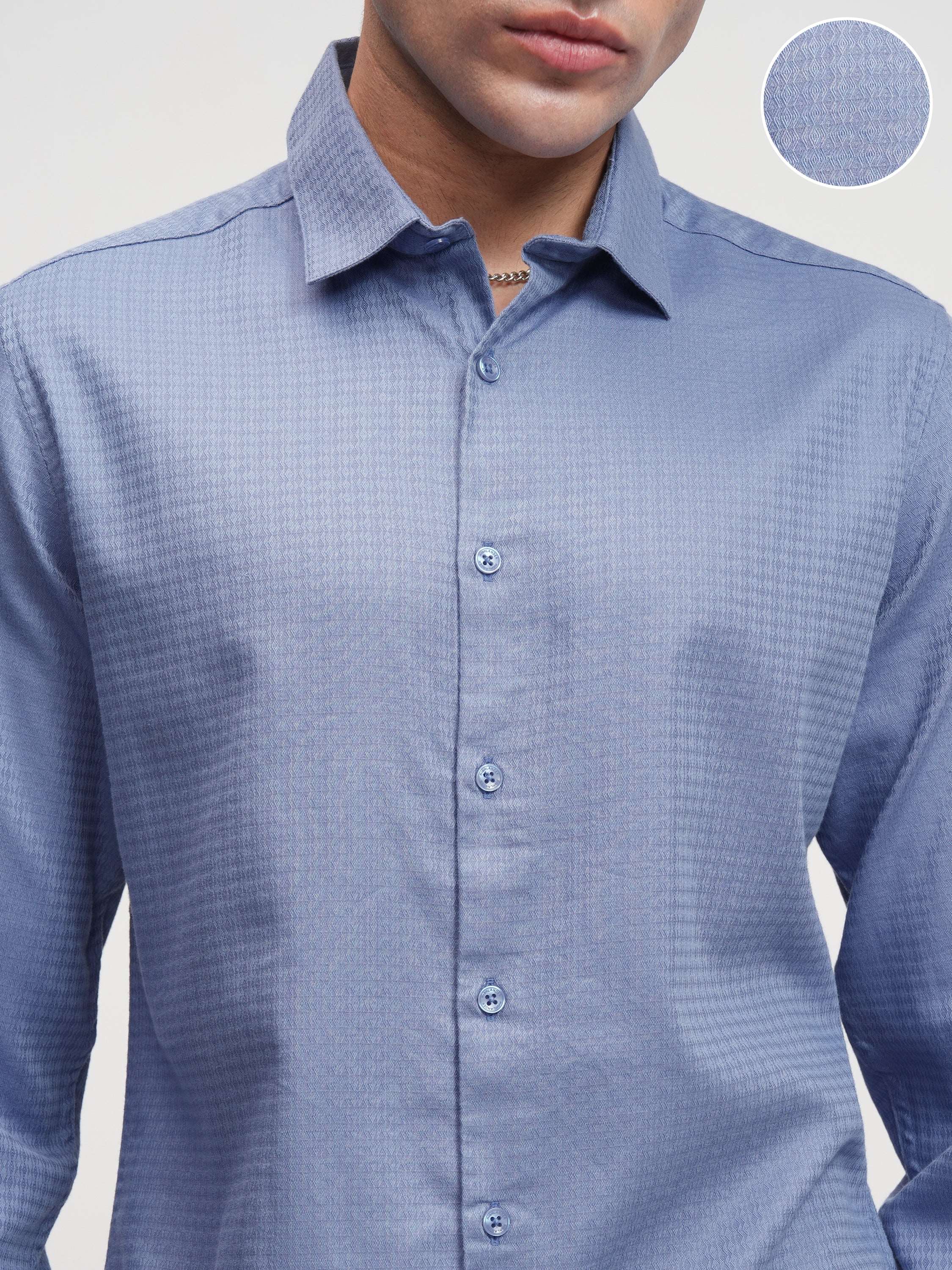 Highlander Men Blue Self Design Slim Fit Casual Shirt - Blue - Image 5