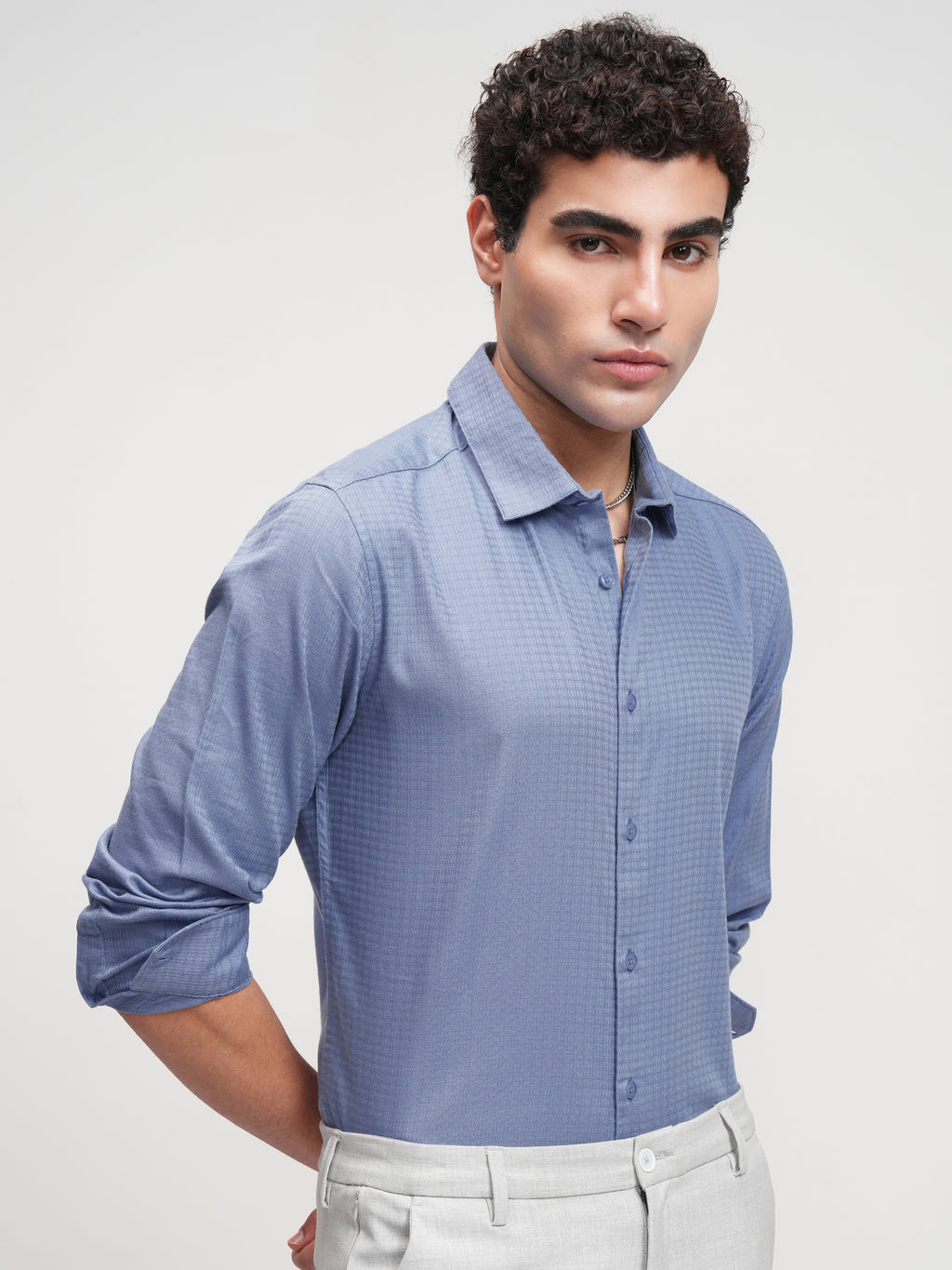 Highlander Men Blue Self Design Slim Fit Casual Shirt - Blue - Image 6
