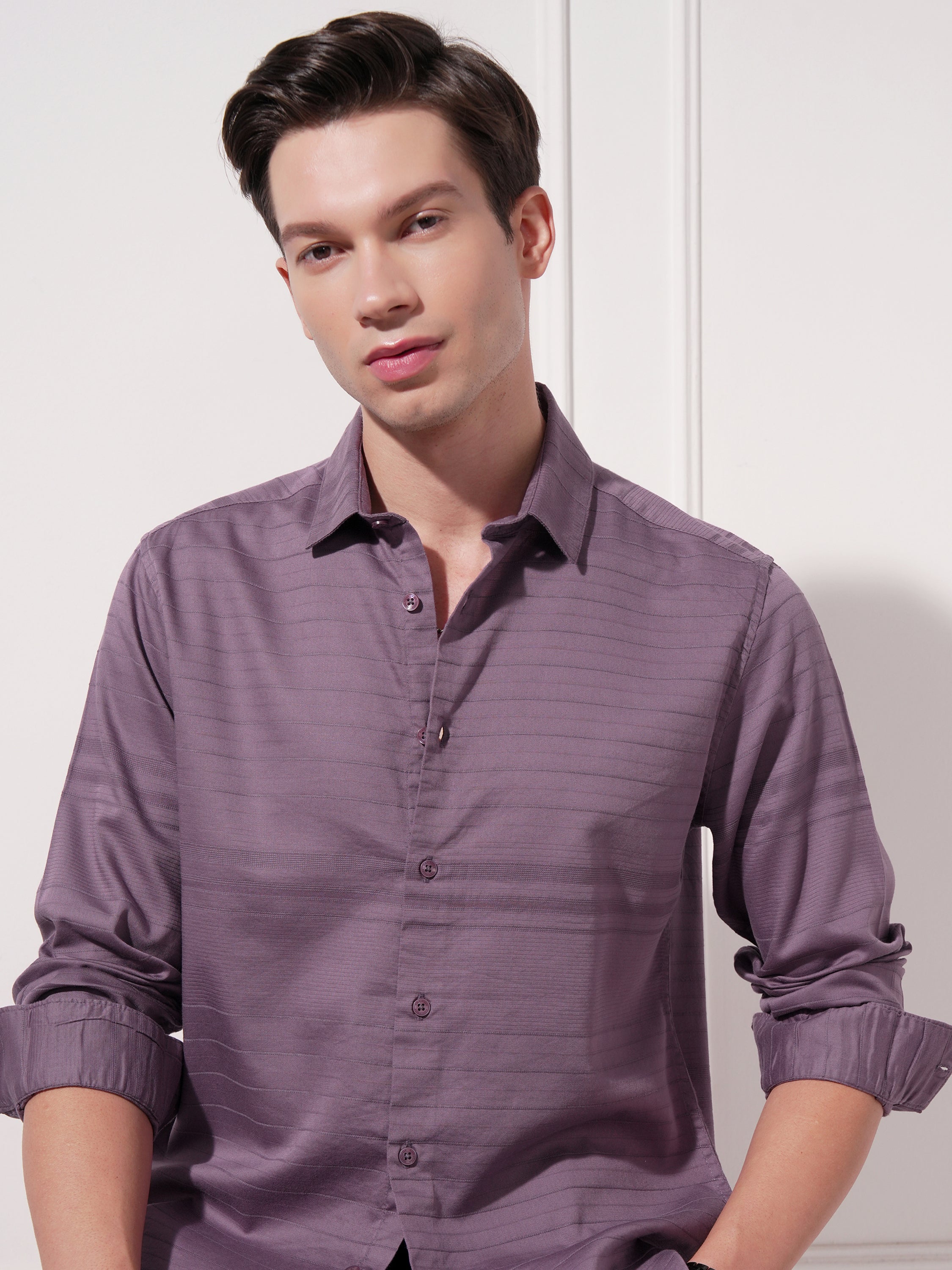 Highlander Men Purple Self Design Slim Fit Casual Shirt - Purple - Image 1