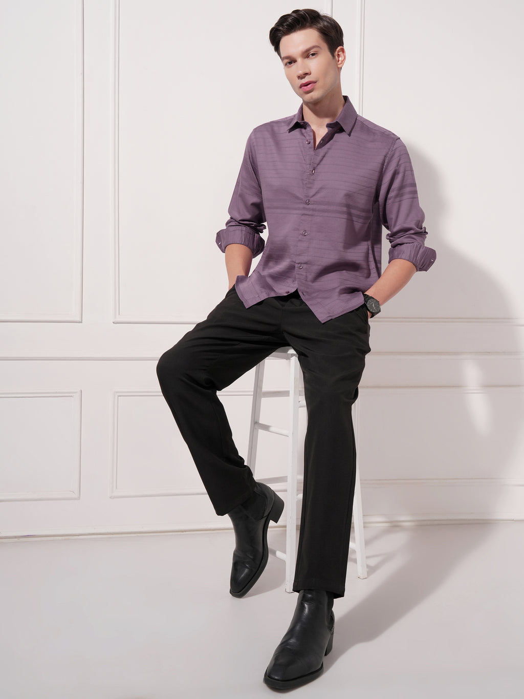 Highlander Men Purple Self Design Slim Fit Casual Shirt - Purple - Image 2