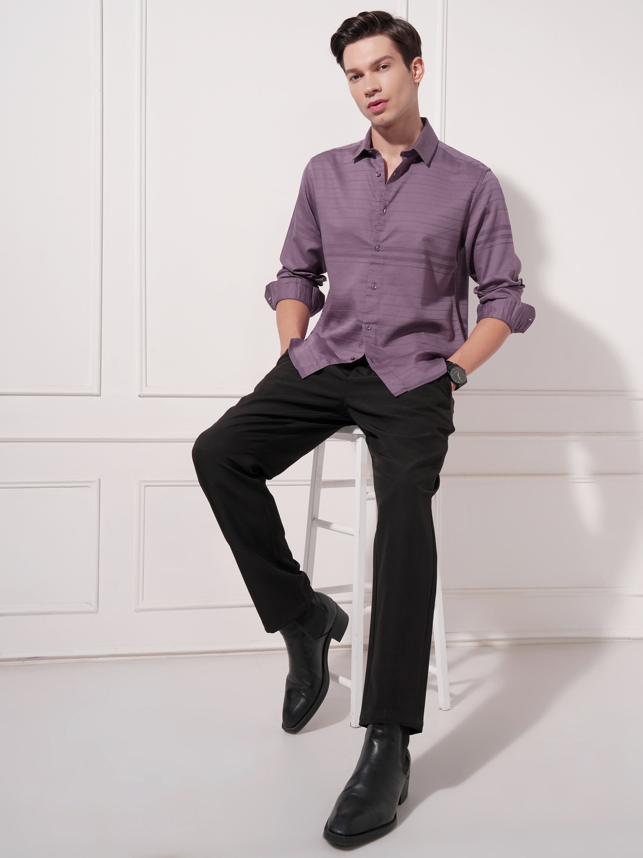 Highlander Men Purple Self Design Slim Fit Casual Shirt - Purple - Image 2
