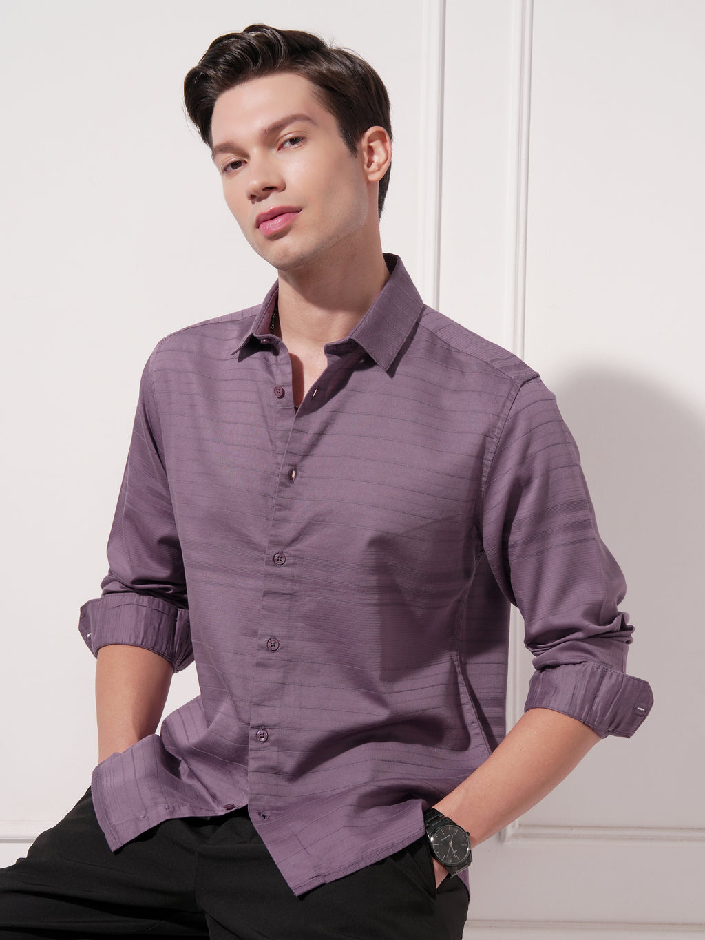 Highlander Men Purple Self Design Slim Fit Casual Shirt - Purple - Image 4