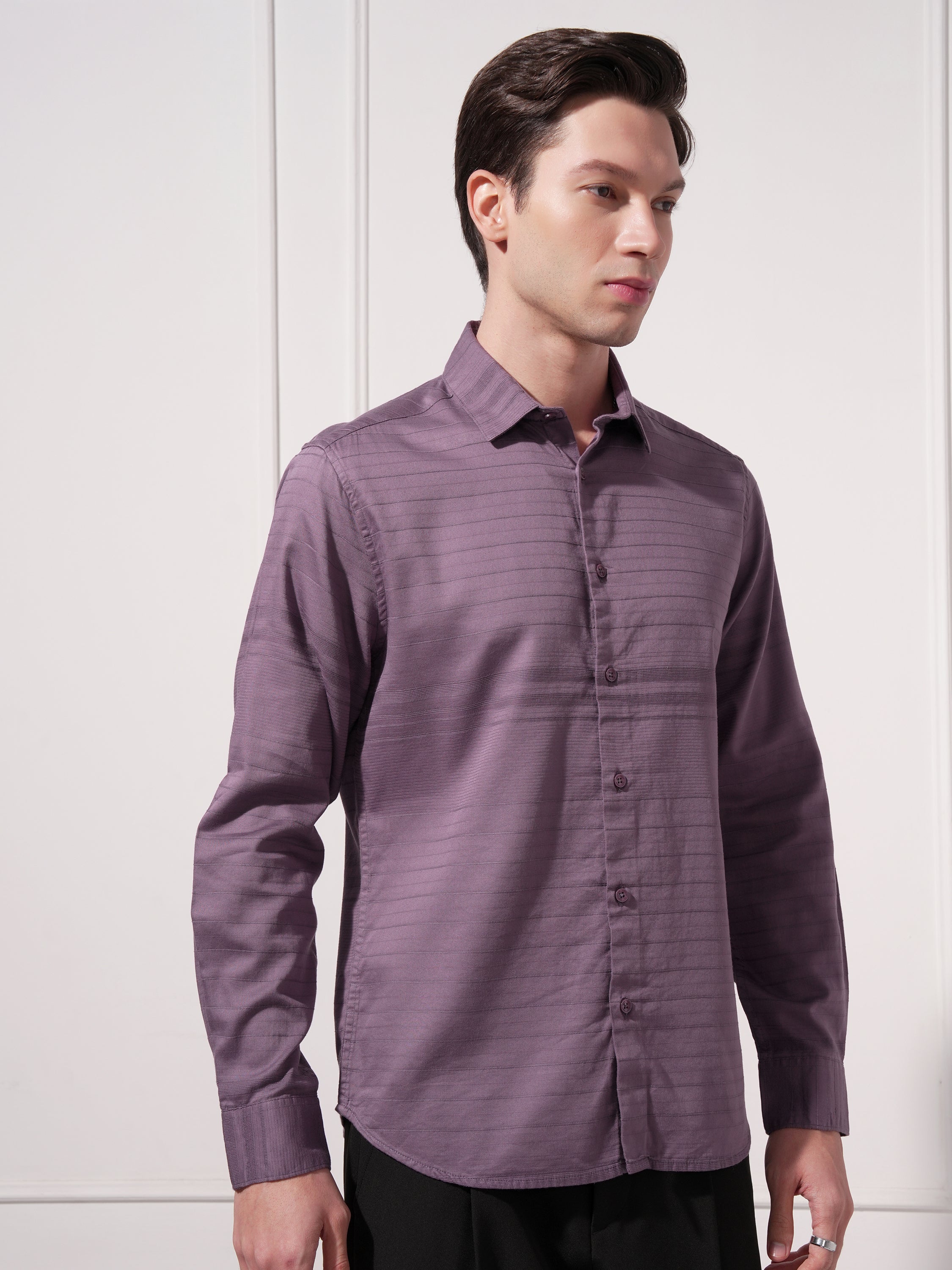 Highlander Men Purple Self Design Slim Fit Casual Shirt - Purple - Image 6