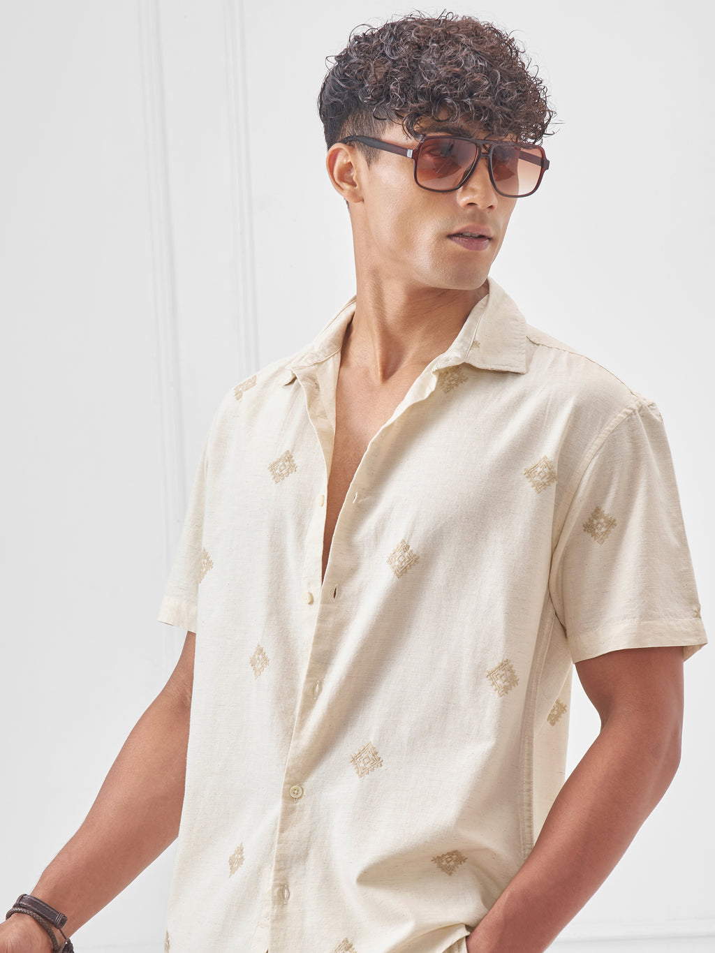 Highlander Men Off White Embroidered Relaxed Fit Casual Shirt - Off White - Image 1