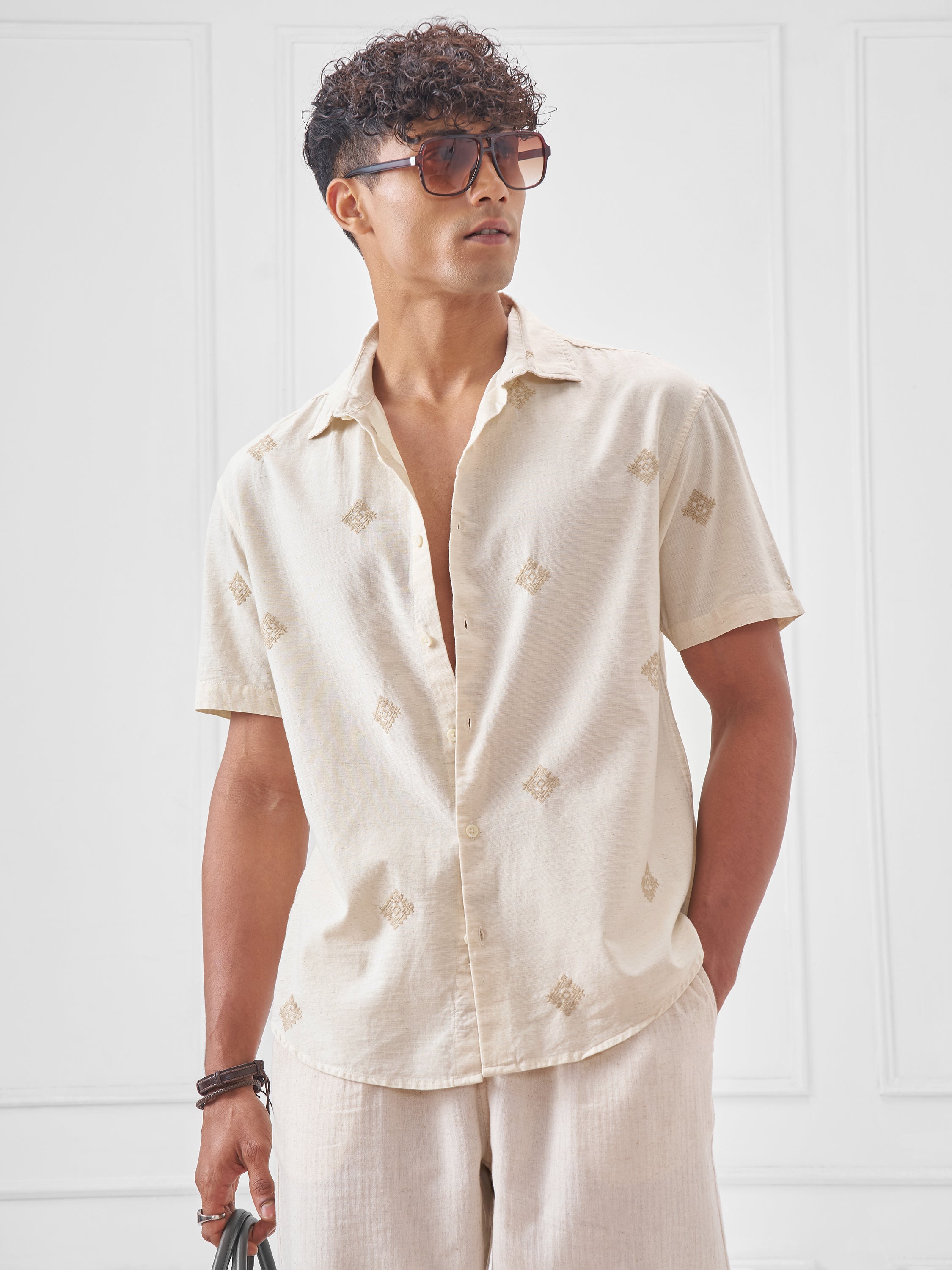 Highlander Men Off White Embroidered Relaxed Fit Casual Shirt - Off White - Image 4