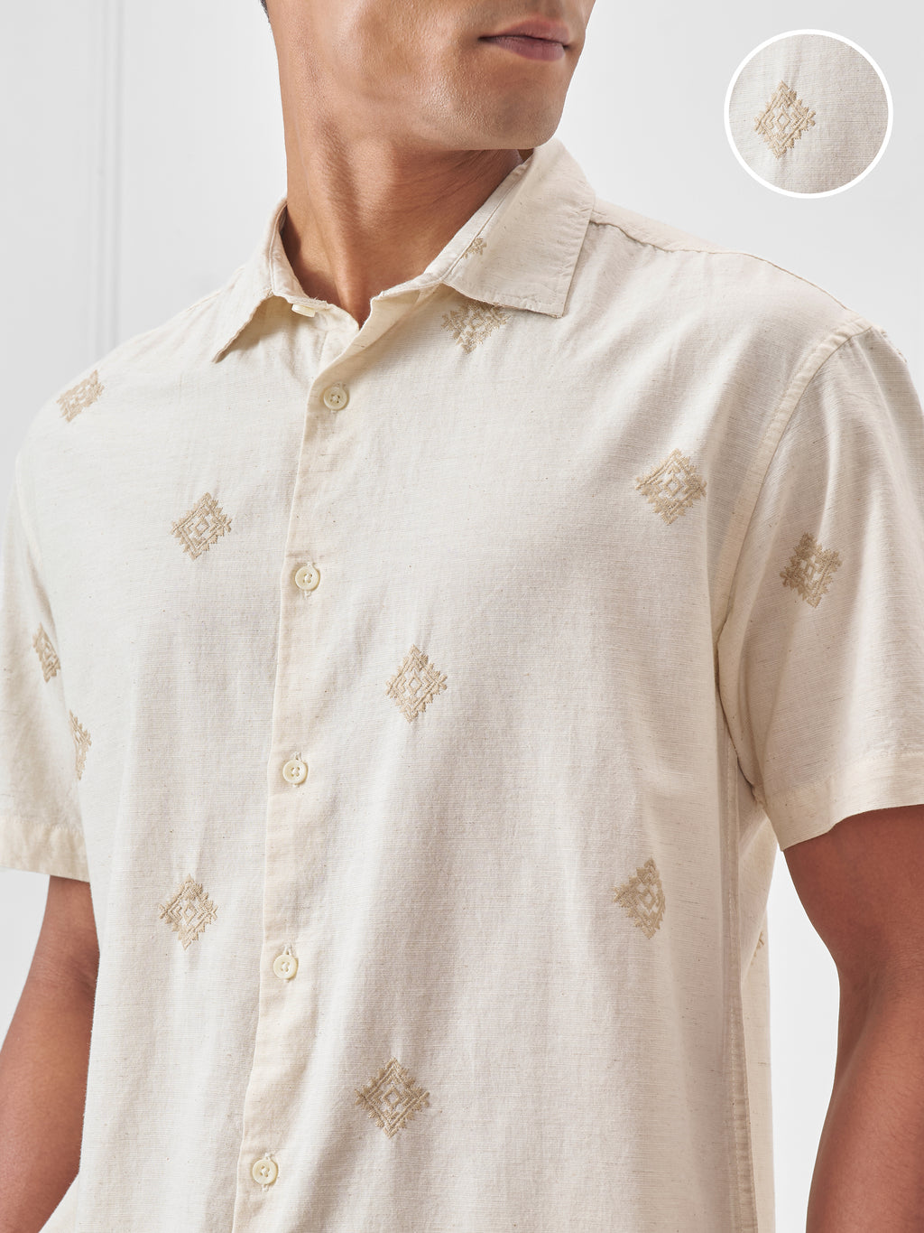 Highlander Men Off White Embroidered Relaxed Fit Casual Shirt - Off White - Image 5