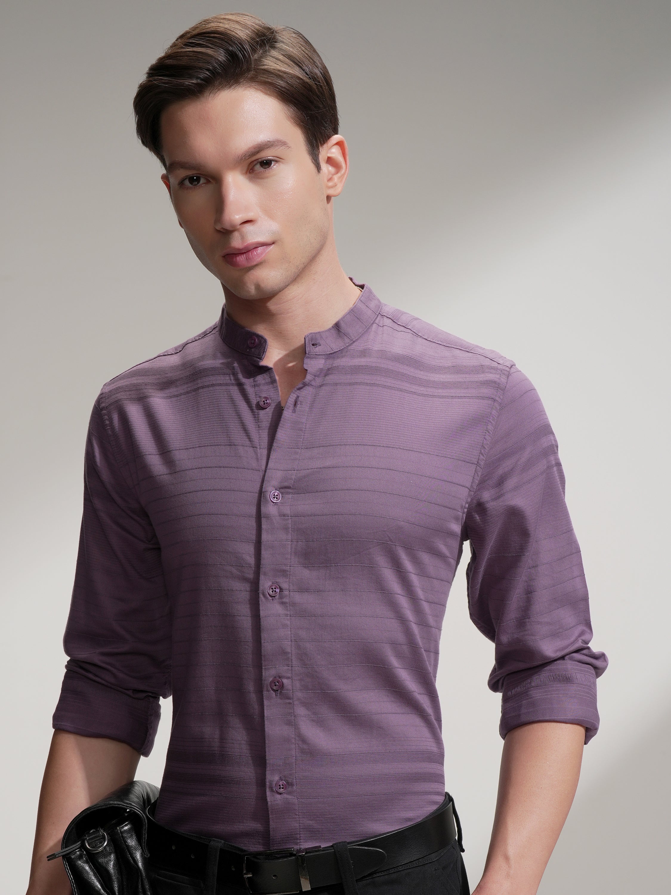 Highlander Men Purple Striped Slim Fit Casual Shirt - Purple - Image 1