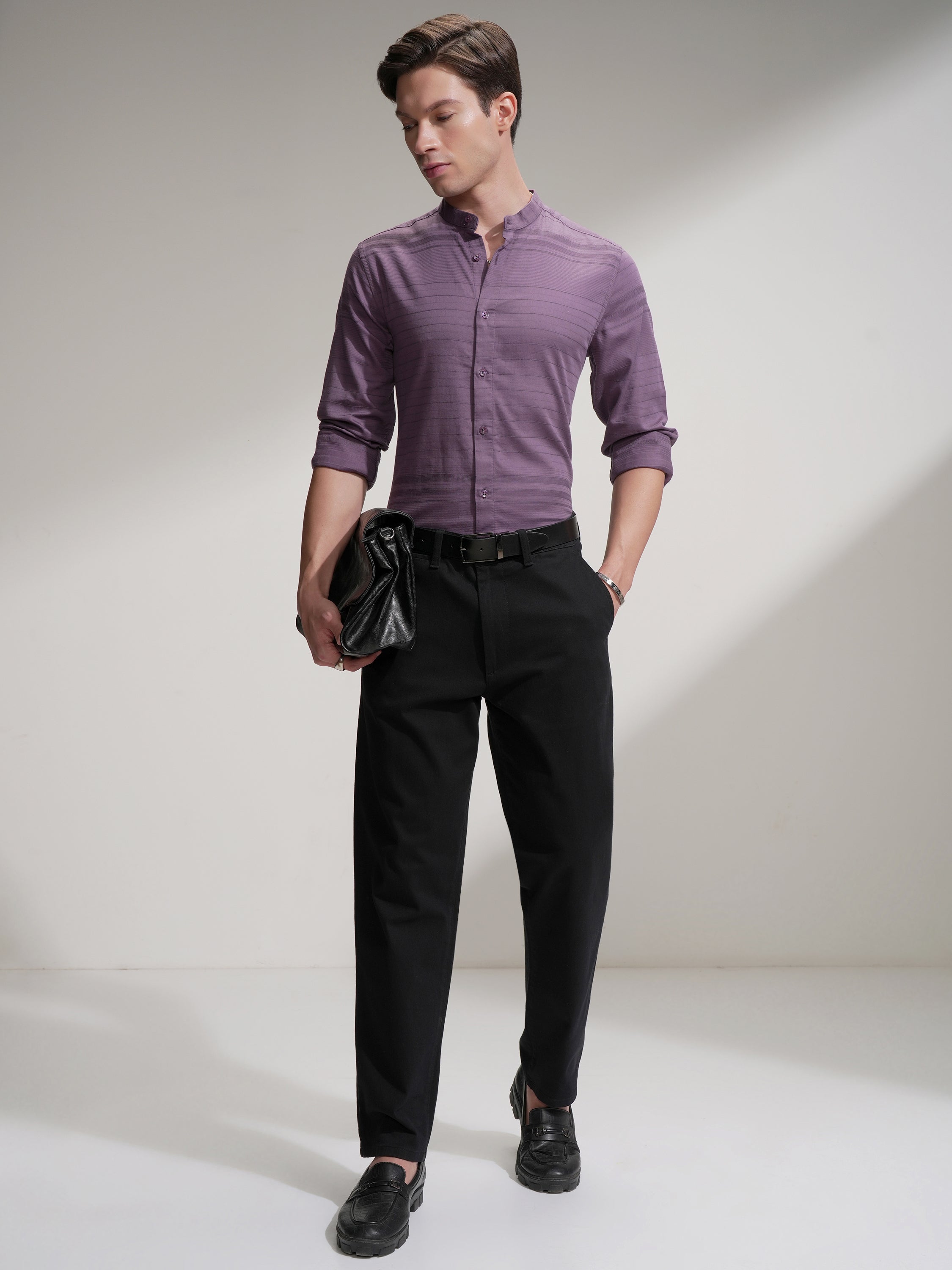 Highlander Men Purple Striped Slim Fit Casual Shirt - Purple - Image 2