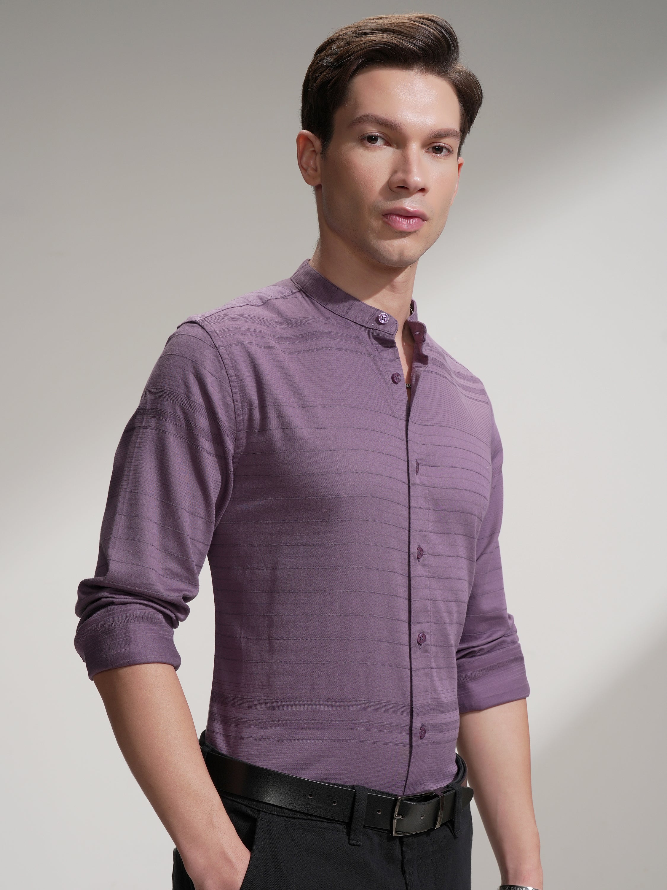 Highlander Men Purple Striped Slim Fit Casual Shirt - Purple - Image 6