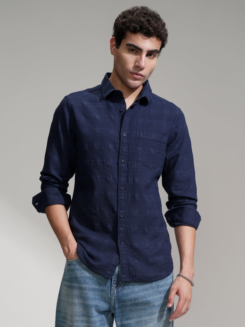 Highlander Men Navy Blue Self Design Slim Fit Casual Shirt - Navy Blue - Image 1
