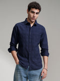 Highlander Men Navy Blue Self Design Slim Fit Casual Shirt - Navy Blue - Image 1